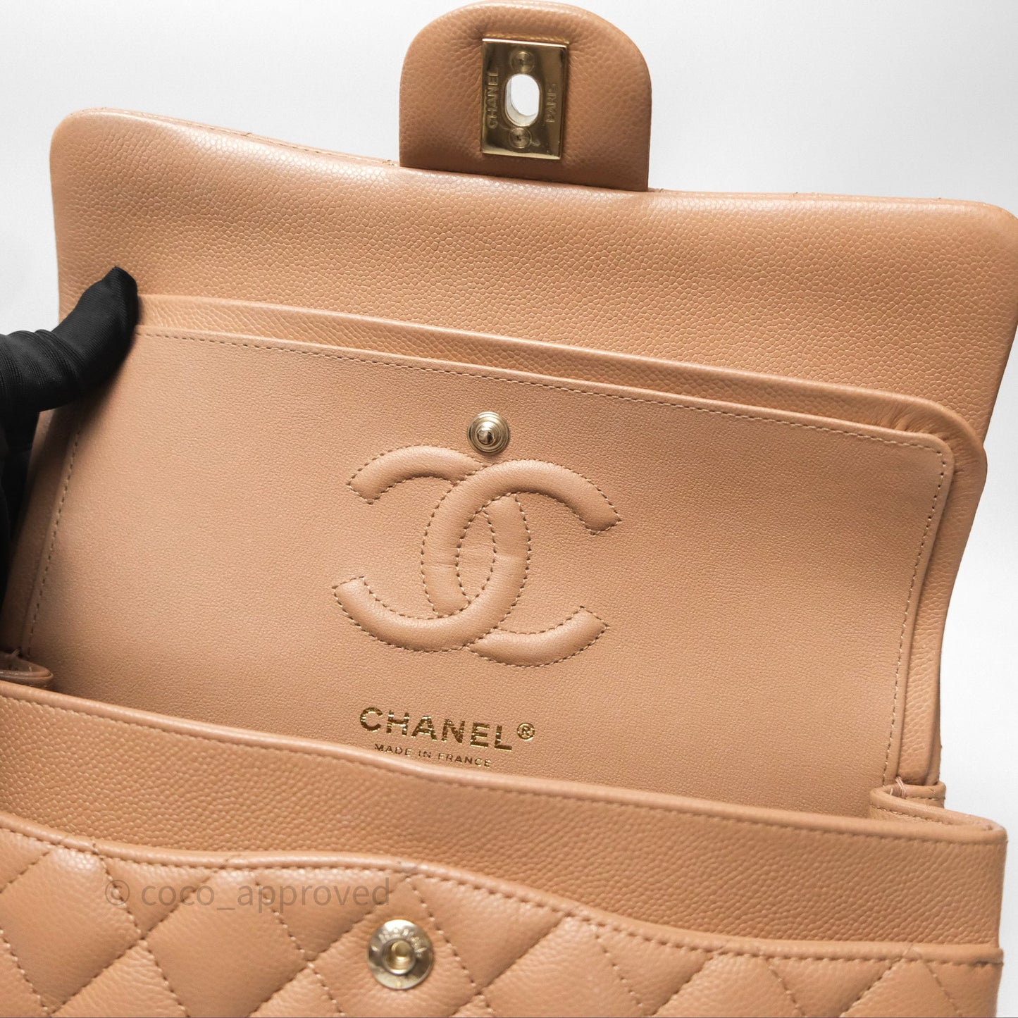 Chanel Small Classic Quilted Flap Dark Beige Caviar Gold Hardware