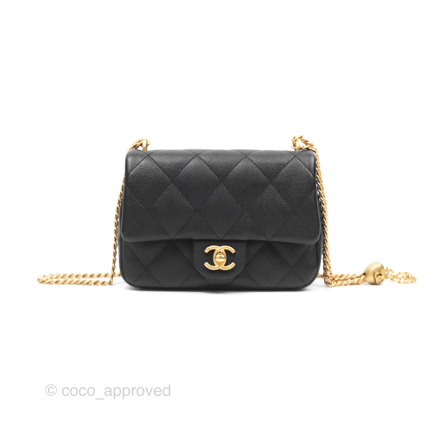 Chanel Mini Flap Bag Heart Adjustable Chain Black Caviar Aged Gold Hardware