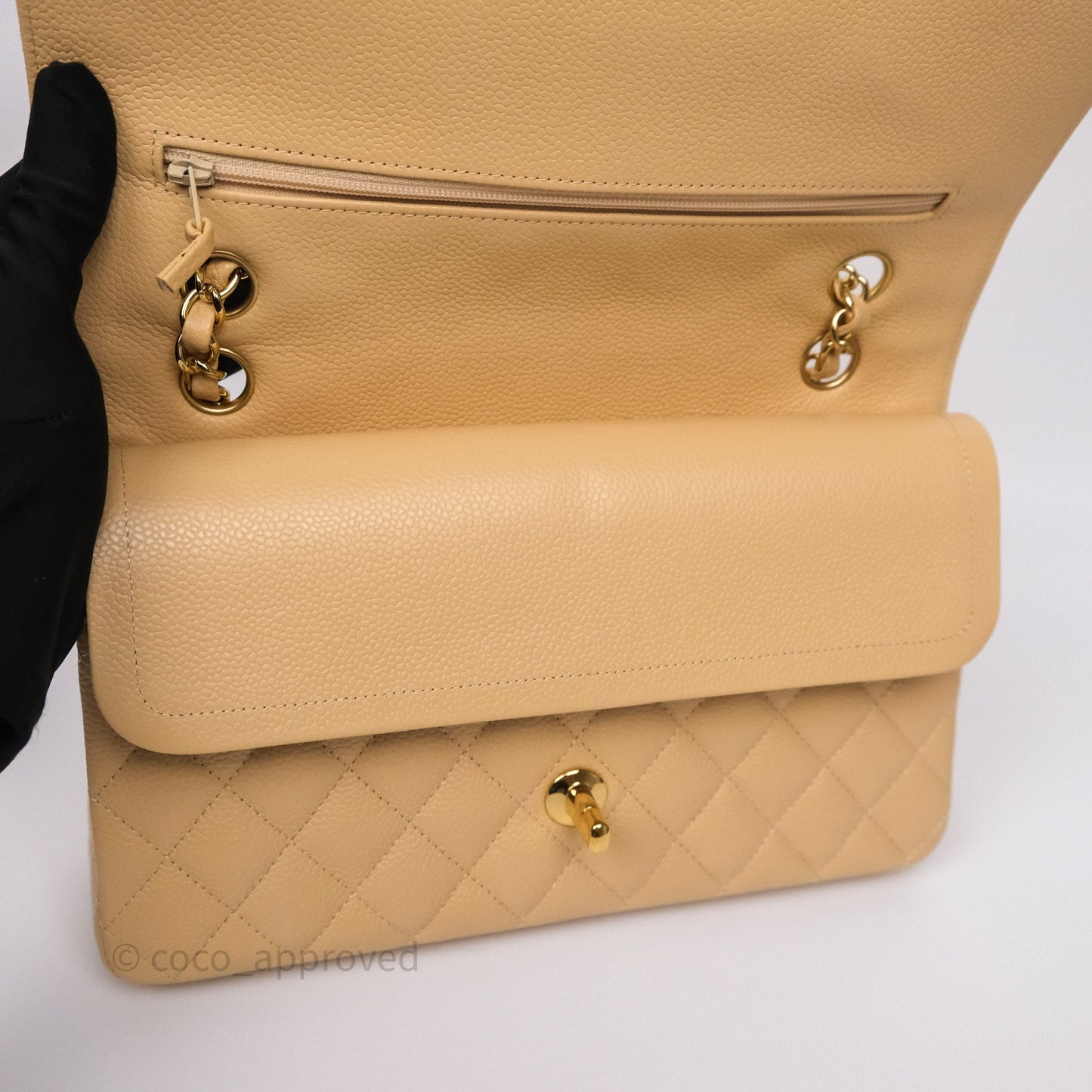 Chanel M/L Medium Classic Flap Quilted Beige Caviar Gold Hardware