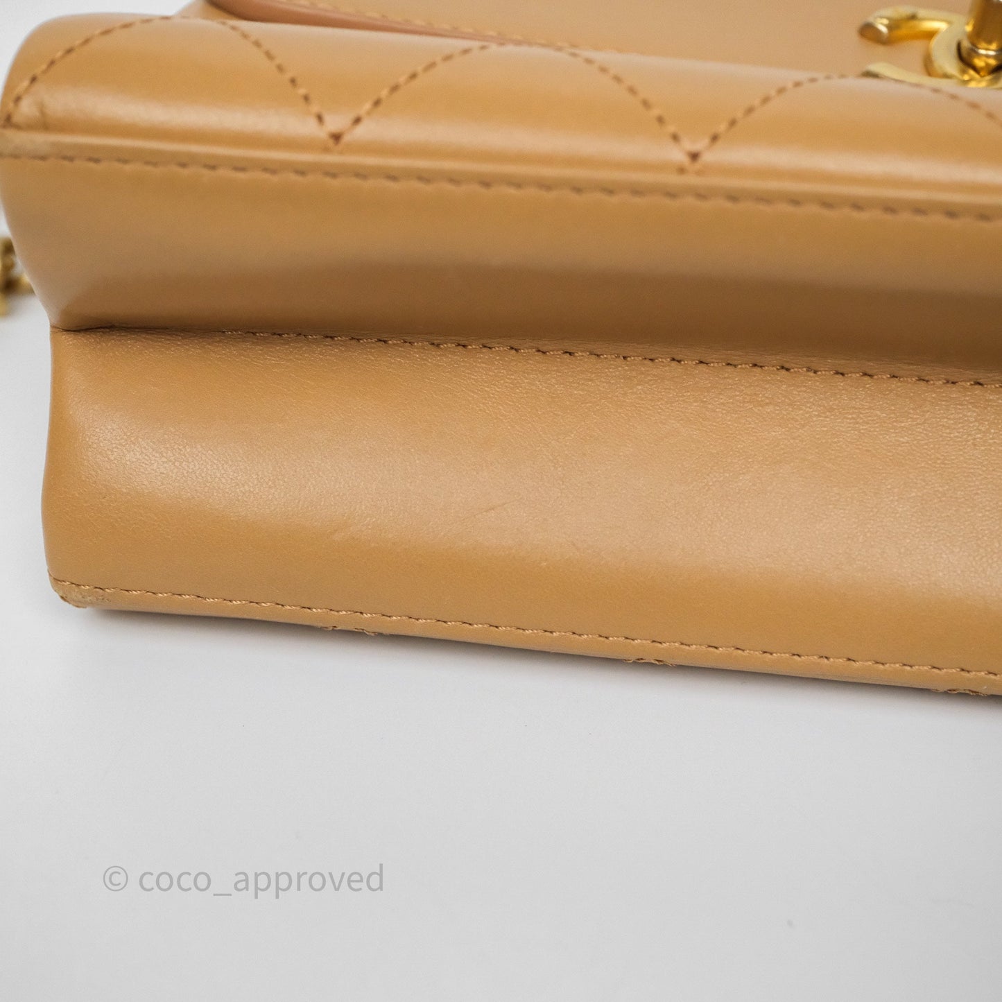 Chanel Small Coco Luxe Flap Bag Caramel Beige Calfskin Aged Gold Hardware