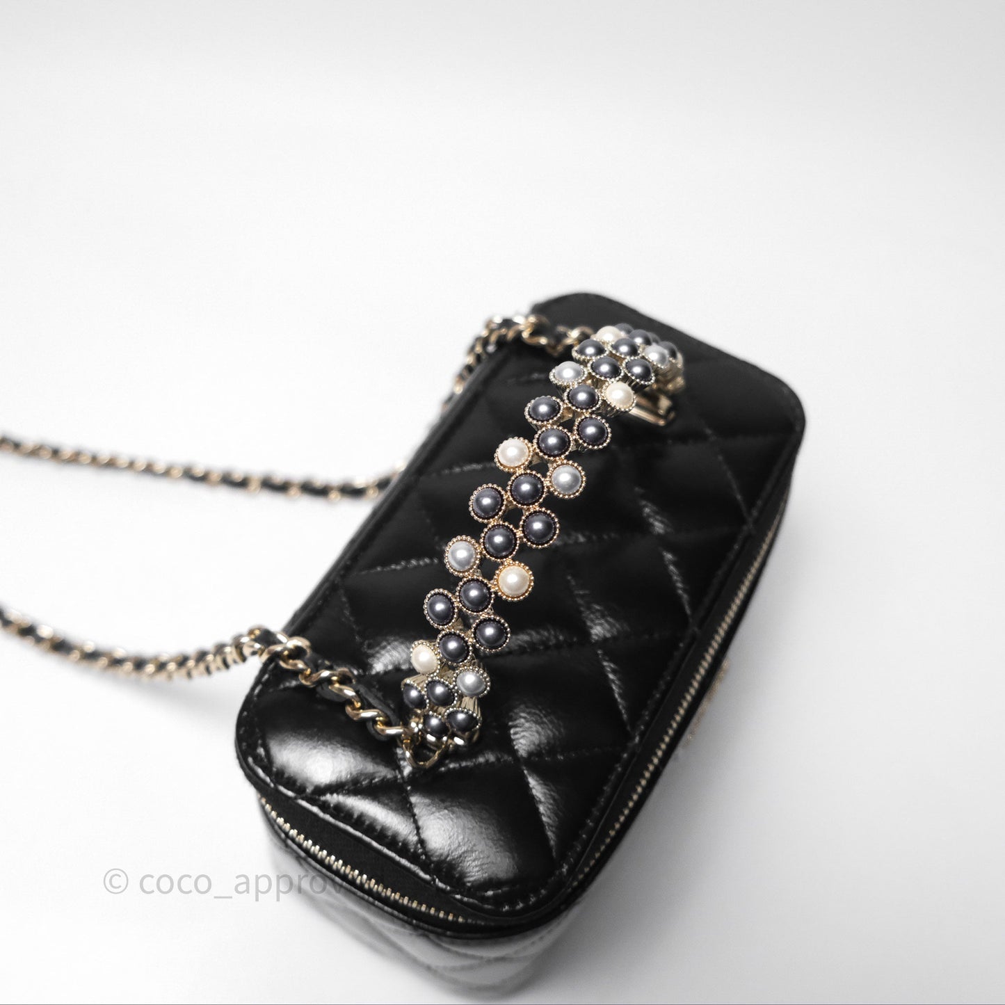 Chanel Vanity Rectangular Top Handle Black Shiny Lambskin Gold Hardware 24P
