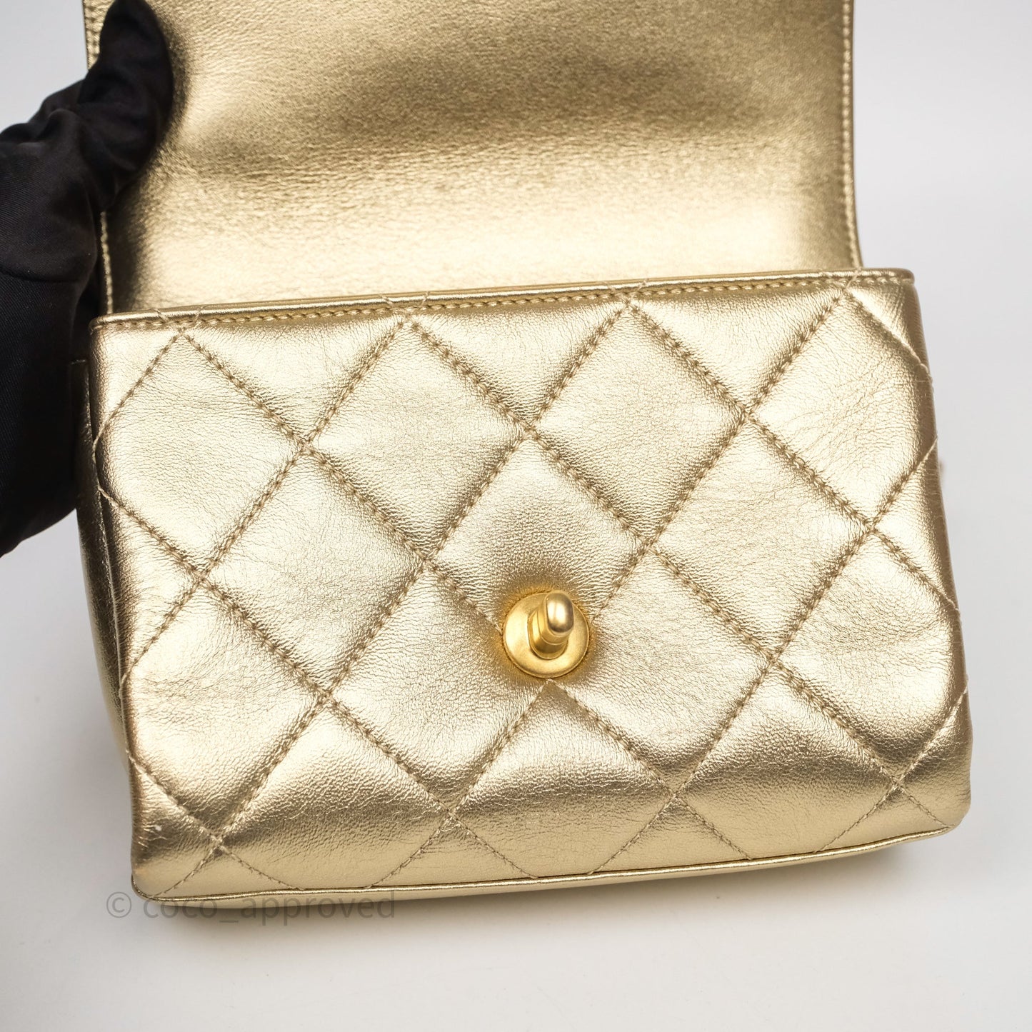 Chanel Mini Crystal Logo Handle Flap Bag Metallic Gold Lambskin 22S
