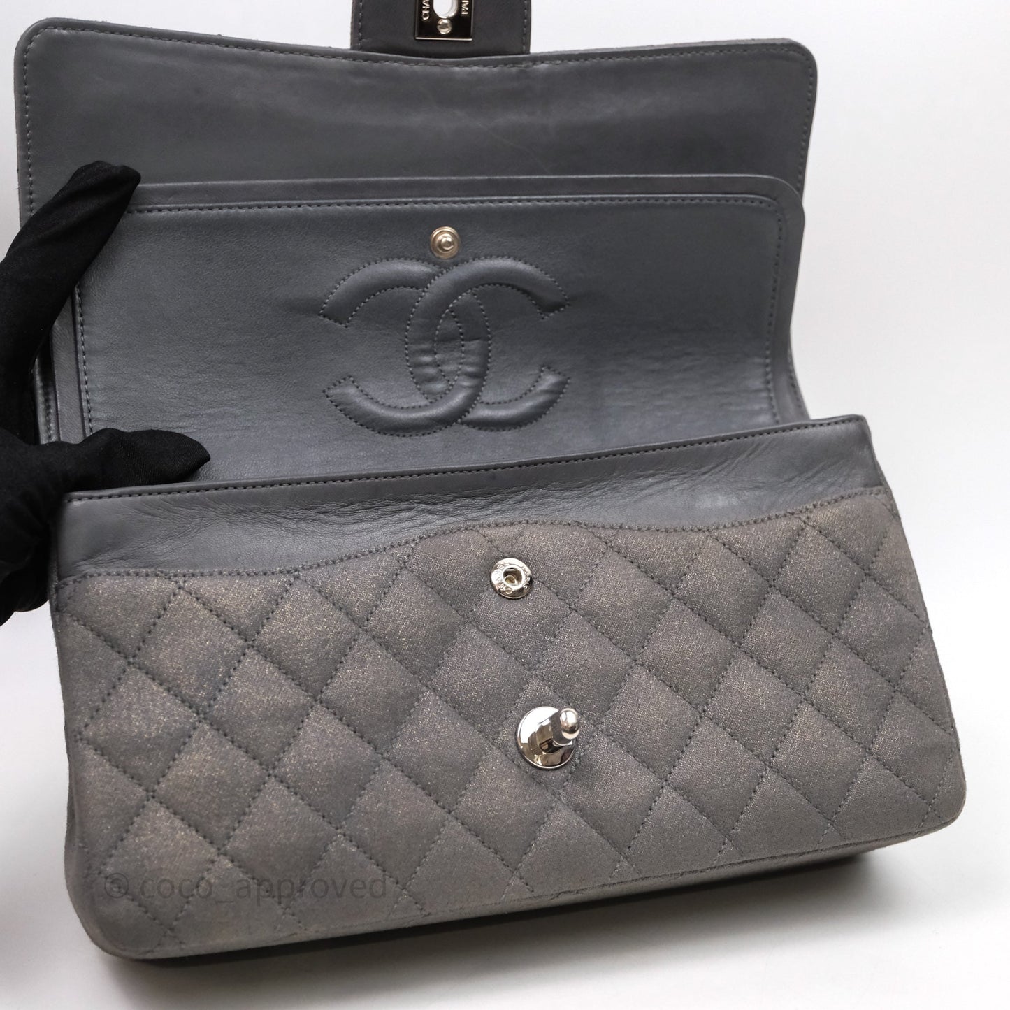 Chanel Classic M/L Medium Flap Quilted Iridescent Metallic Grey Canvas Silver Hardware