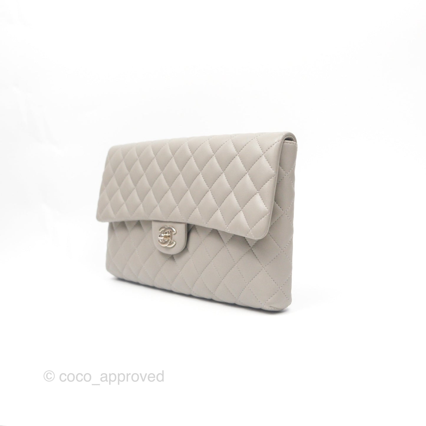 Chanel Classic Flap Clutch Quilted Light Grey Lambskin Silver Hardware