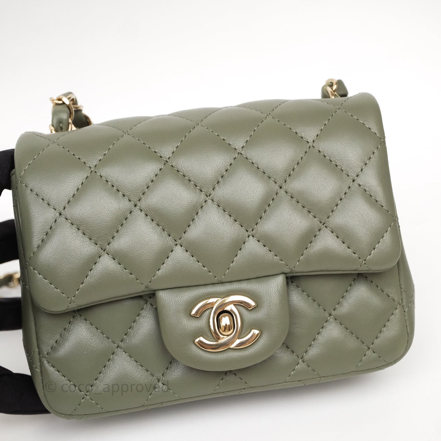 Chanel Quilted Mini Square Olive Green Lambskin Gold Hardware