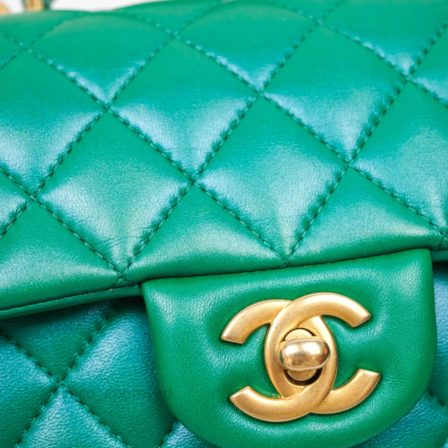 Chanel Top Handle Mini Rectangular Flap Bag Iridescent Green Lambskin Aged Gold Hardware