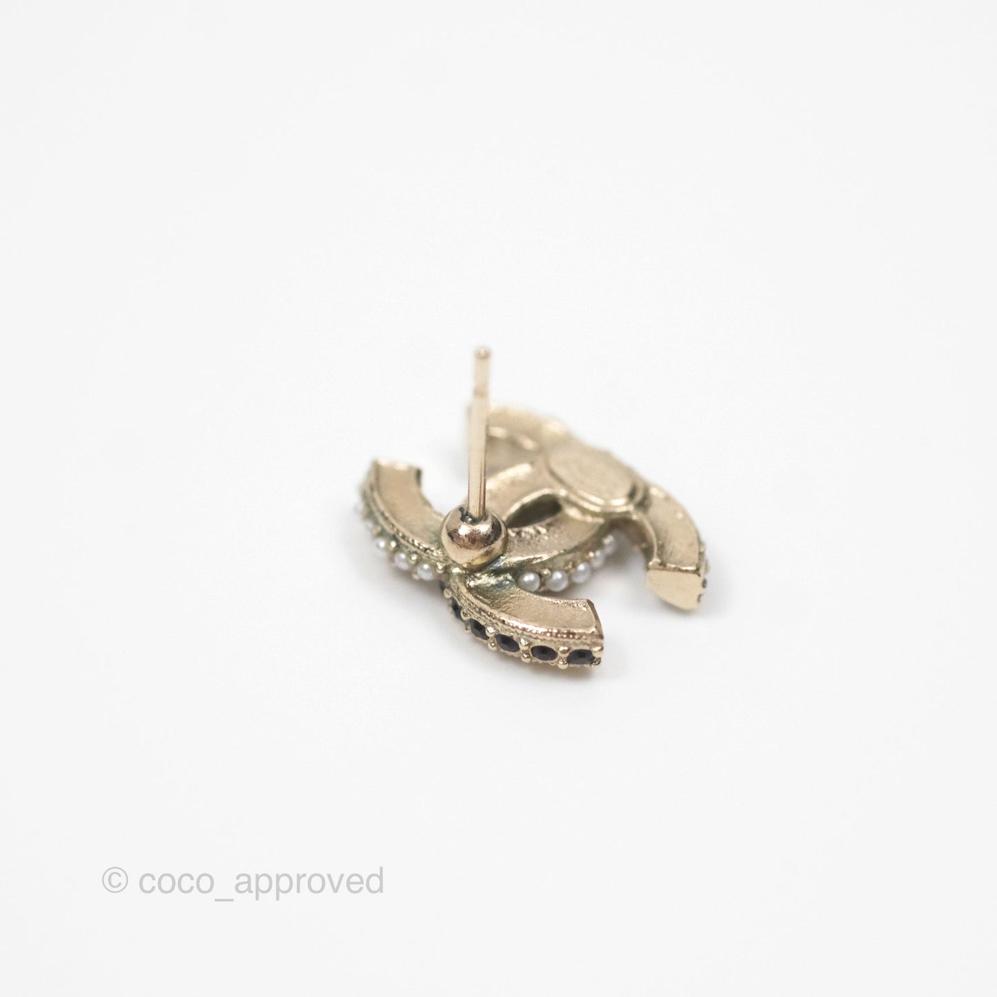 Chanel Pearl Black Crystal CC Earrings Gold Tone 22B