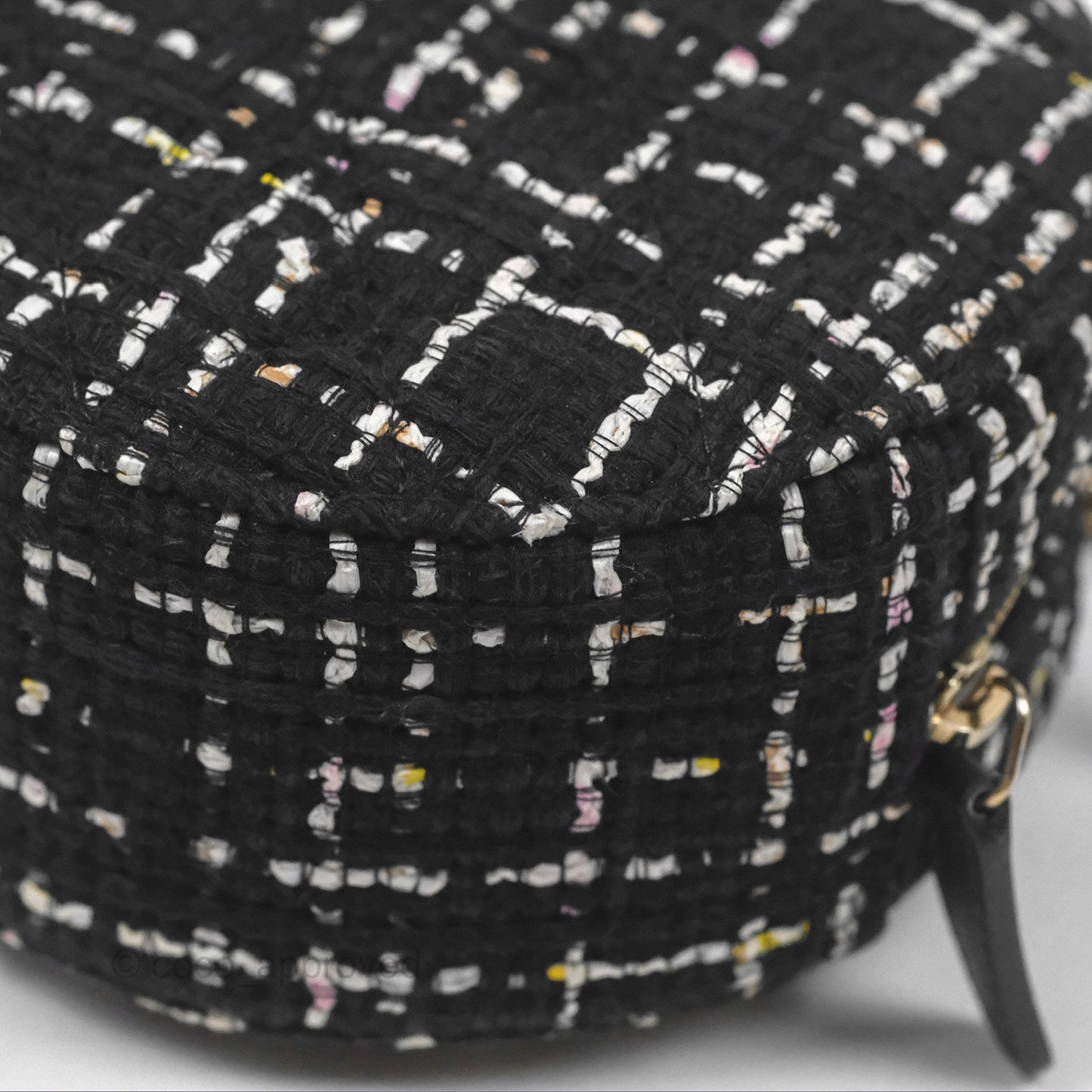 Chanel Classic Quilted Round Clutch With Chain Black Tweed Gold Hardware