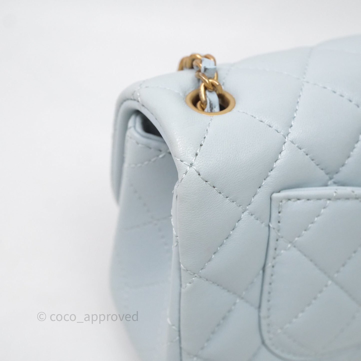 Chanel Pearl Crush Mini Rectangular Light Blue Lambskin Aged Gold Hardware