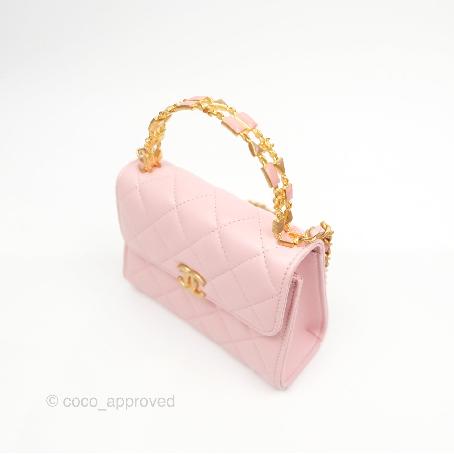 Chanel Enamel Top Handle Clutch with Chain Pink Lambskin Aged Gold Hardware 22B