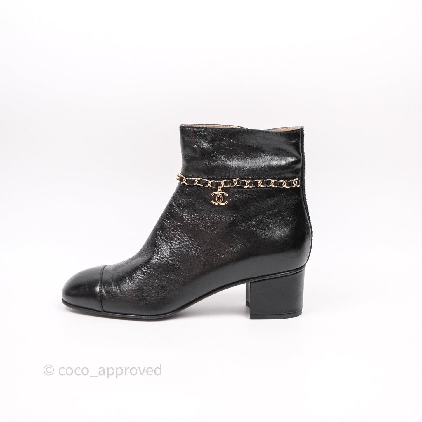 Chanel CC Black Leather Chain Ankle Boots Size 39