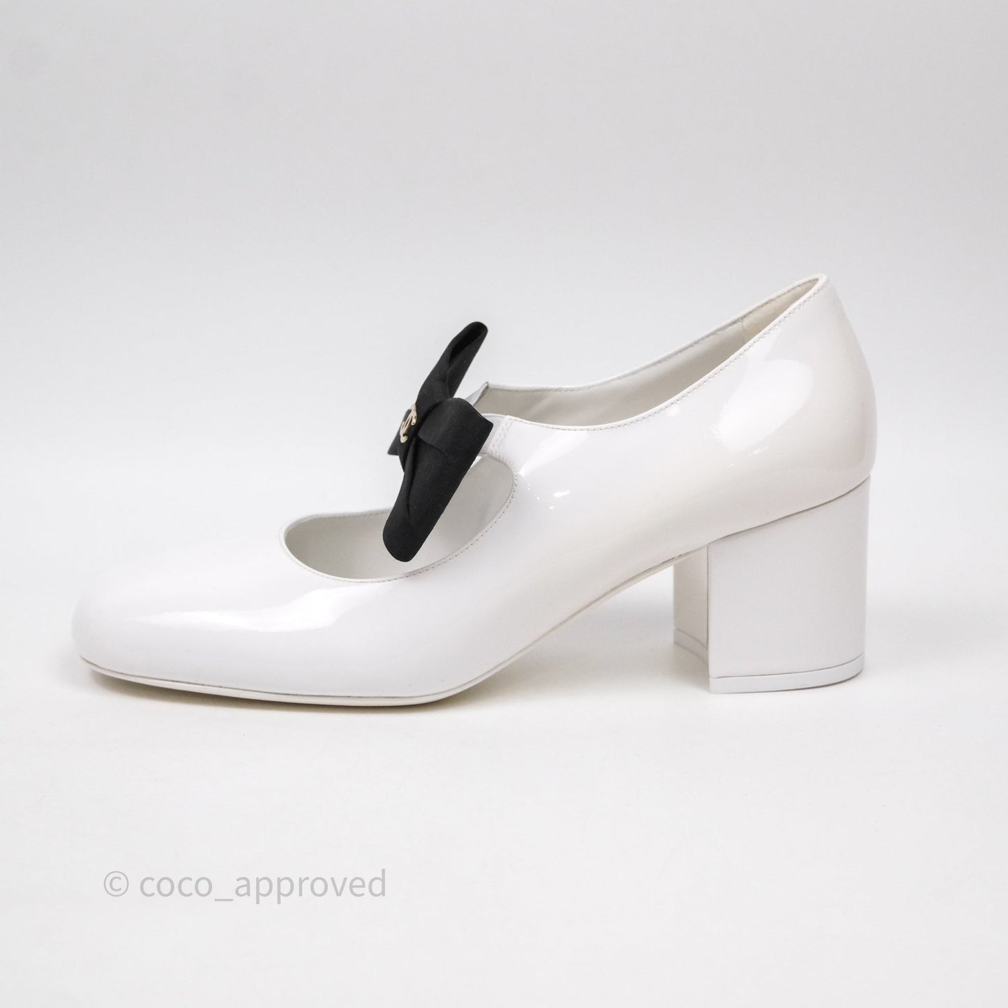 Chanel CC Ribbon Mary Jane Block Heels White Patent Size 39