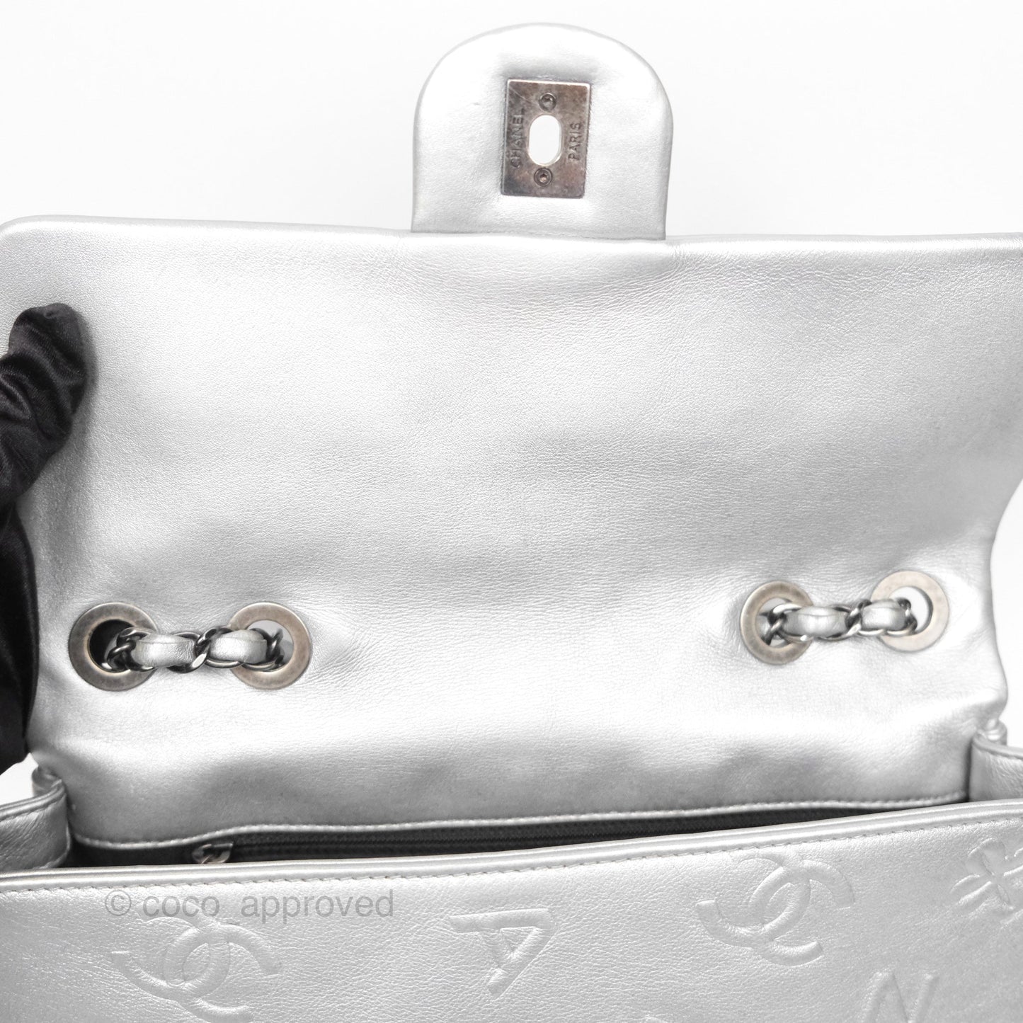 Chanel Medium Single Flap Embossed Metallic Silver Lambskin Ruthenium Hardware