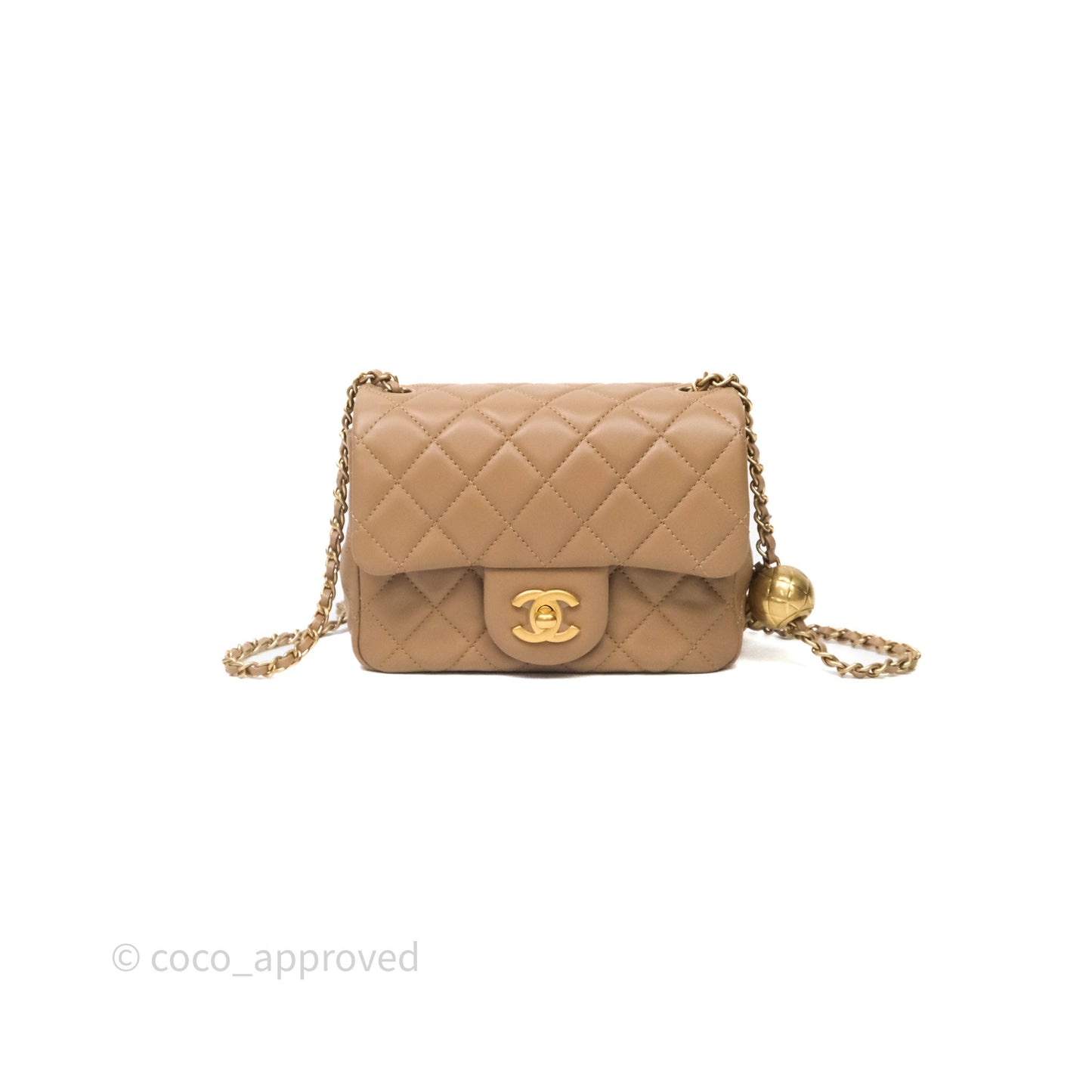 Chanel Pearl Crush Mini Square Quilted Beige Lambskin Aged Gold Hardware