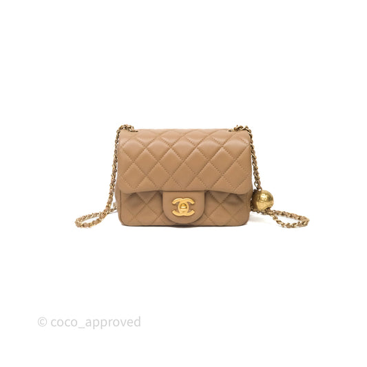 Chanel Pearl Crush Mini Square Quilted Beige Lambskin Aged Gold Hardware