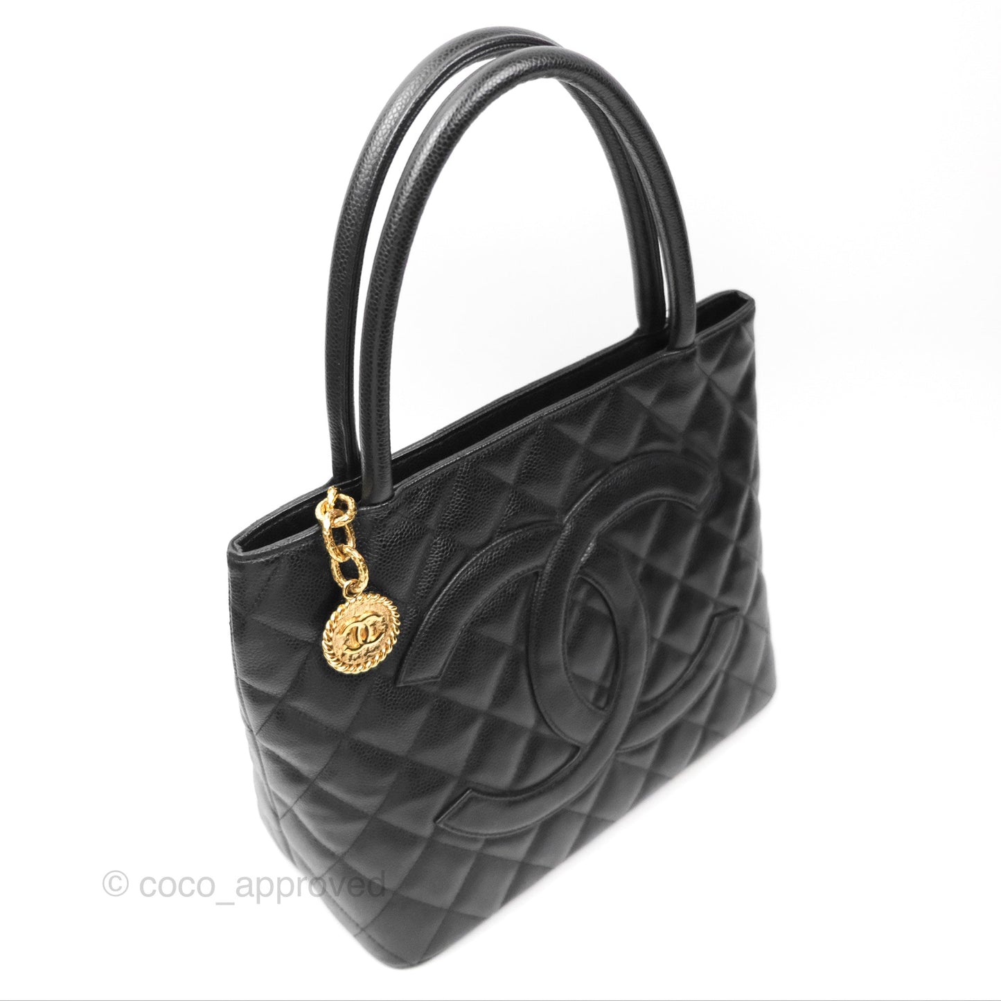 Chanel Vintage Medallion CC Black Caviar Tote Bag Gold Hardware