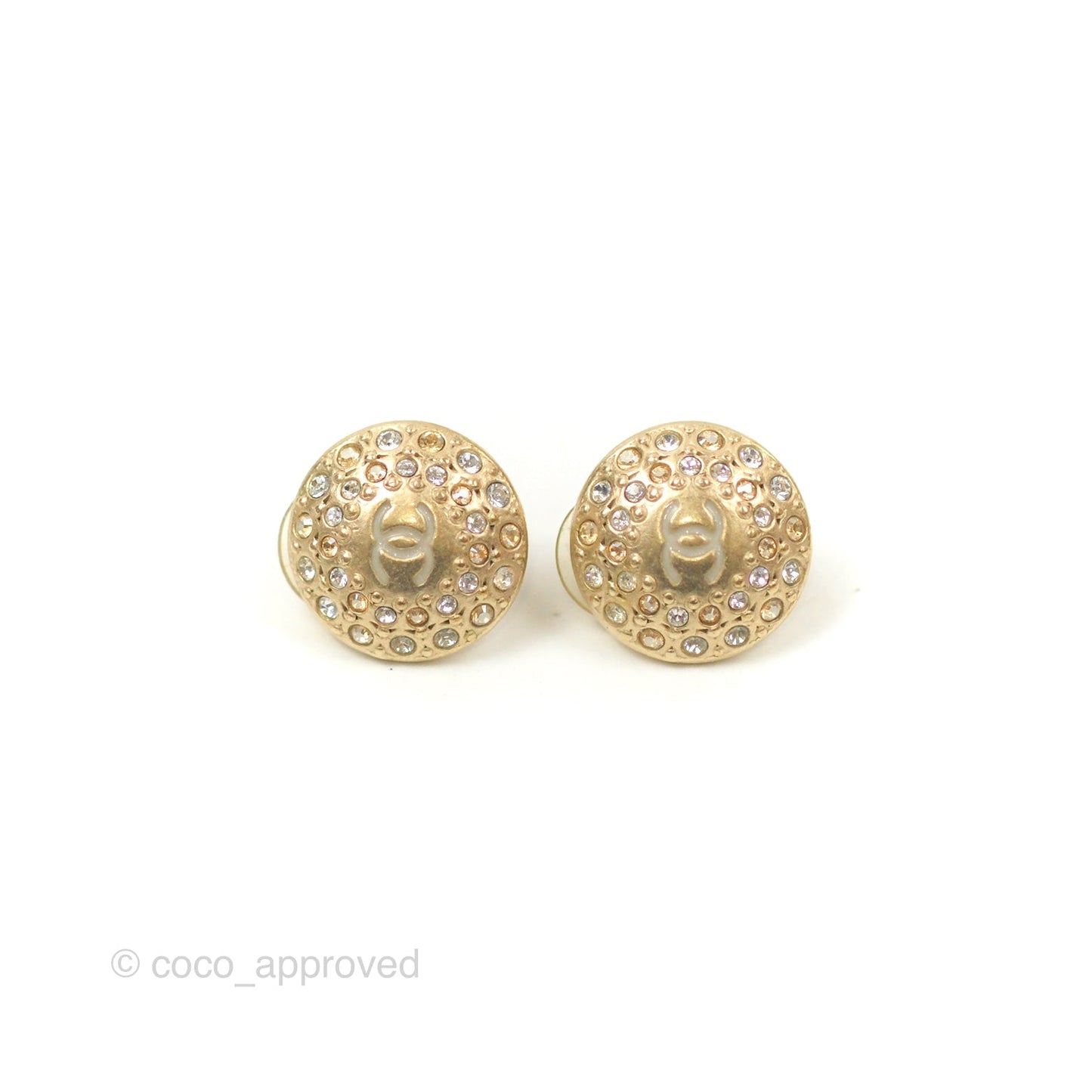 Chanel Round CC Crystal Ear Clips Gold Tone 16B