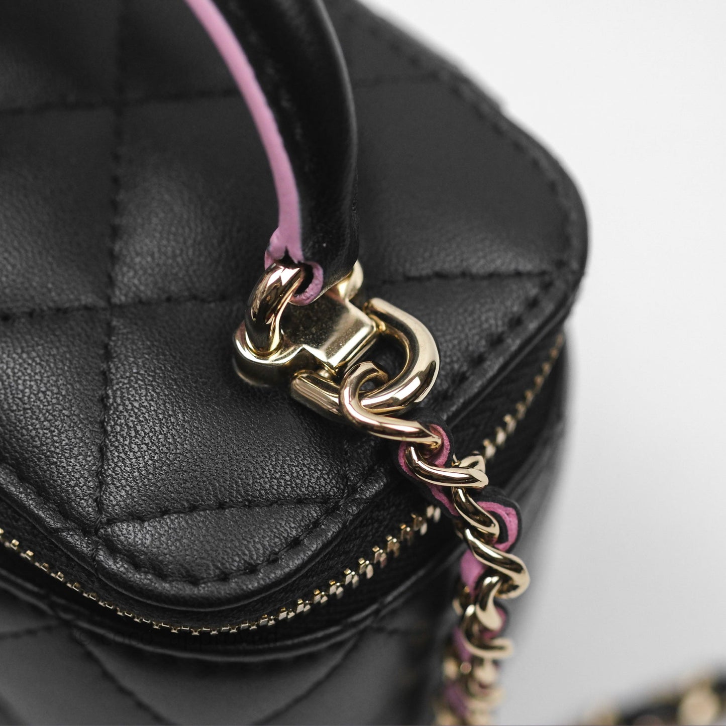 Chanel Mini Top Handle Vanity With Chain Black/ Pink Lambskin Gold Hardware