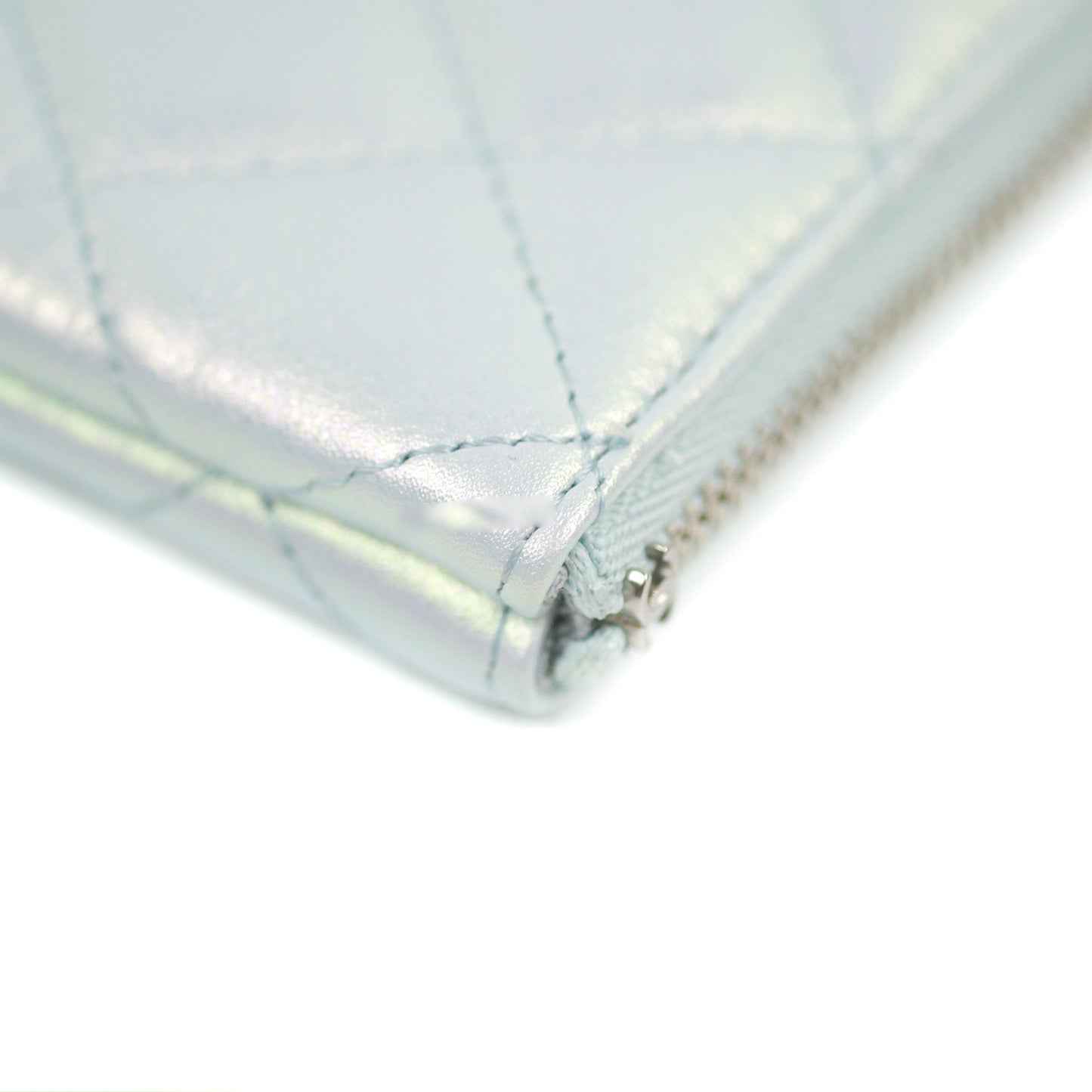 Chanel Quilted Mini O Case Iridescent Icy Blue Calfskin Silver Hardware