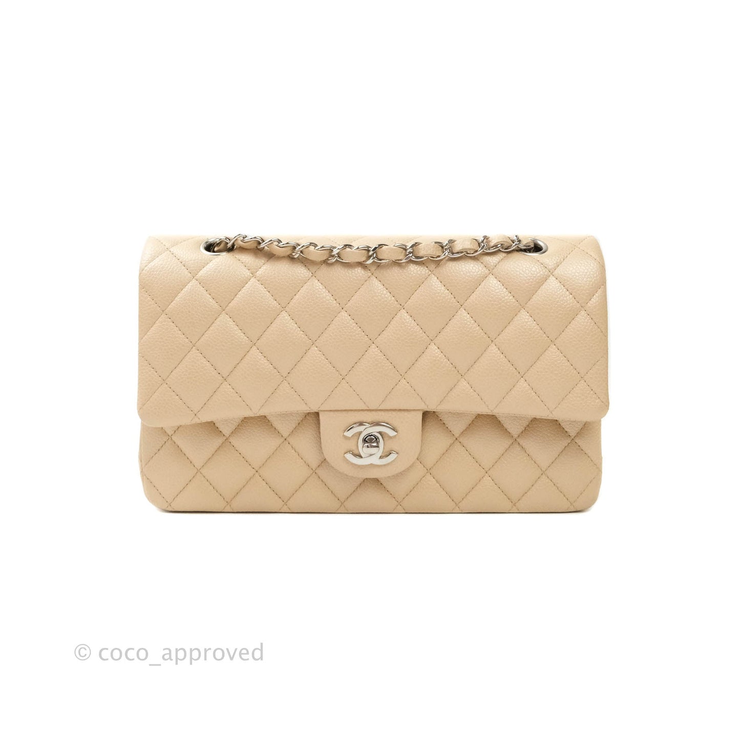 Chanel M/L Medium Double Flap Bag Iridescent Beige Caviar Silver Hardware