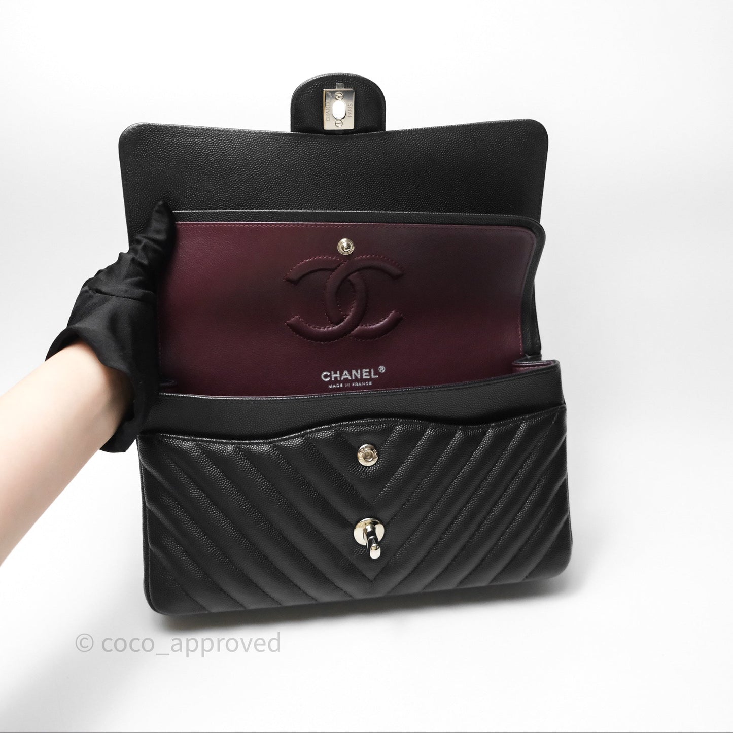 Chanel Classic M/L Medium Flap Chevron Black Caviar Silver Hardware