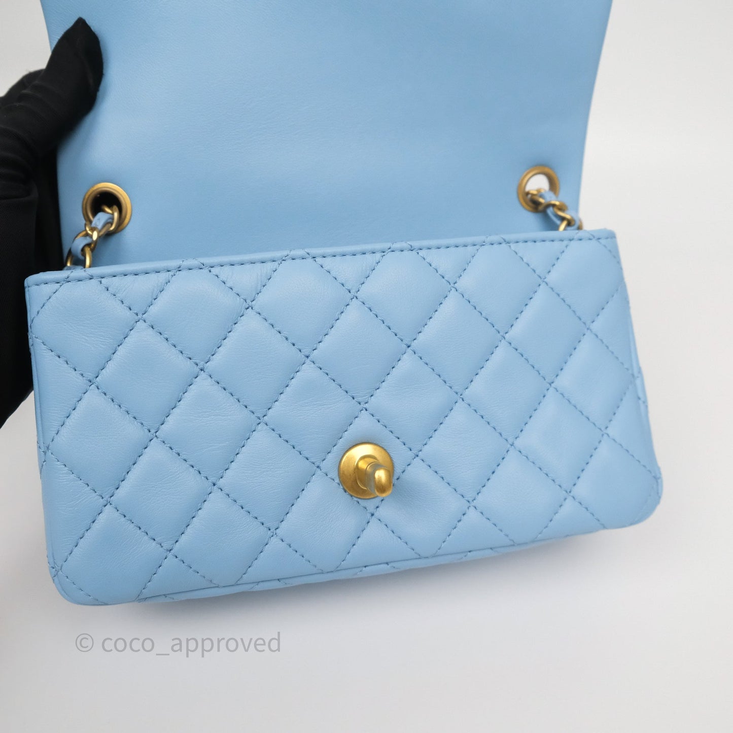 Chanel Mini Rectangular Pearl Crush Quilted Sky Blue Lambskin Aged Gold Hardware