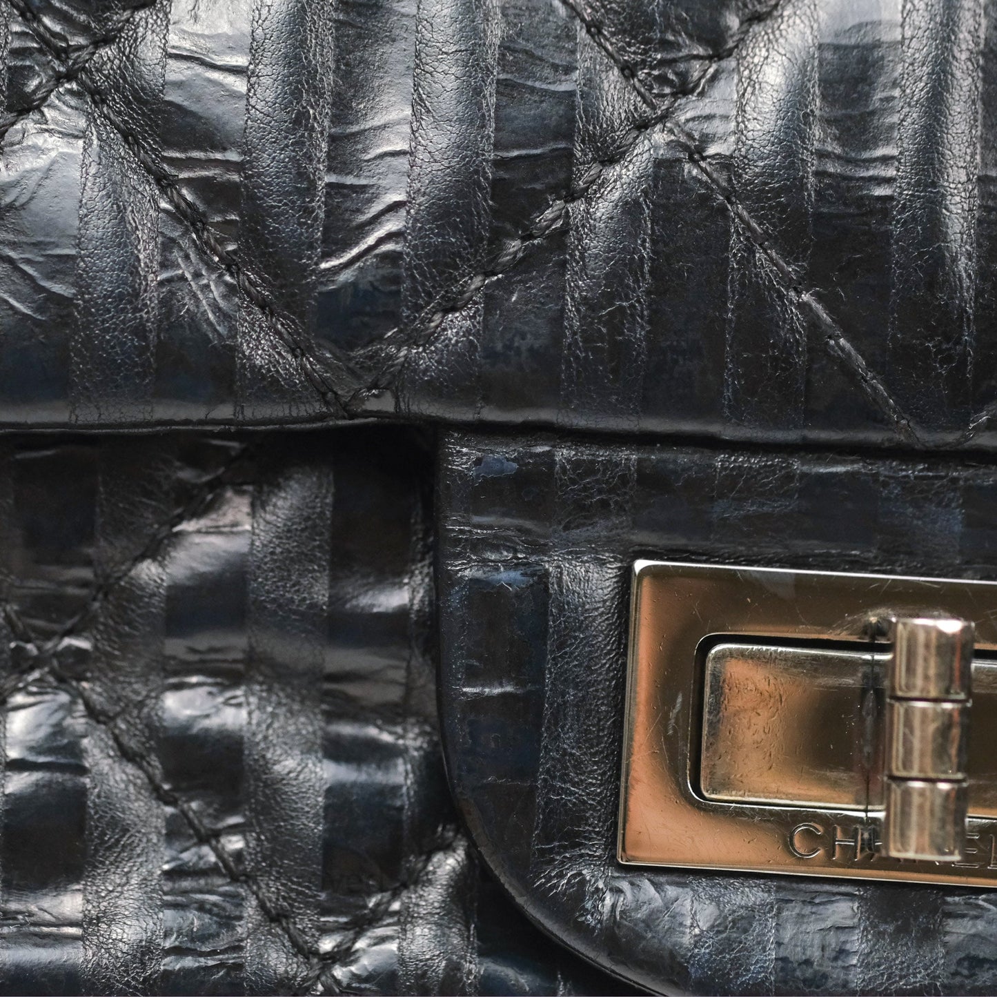 Chanel Reissue 227 Flap Quilted Calfskin Black Striped Dark Silver Hardware