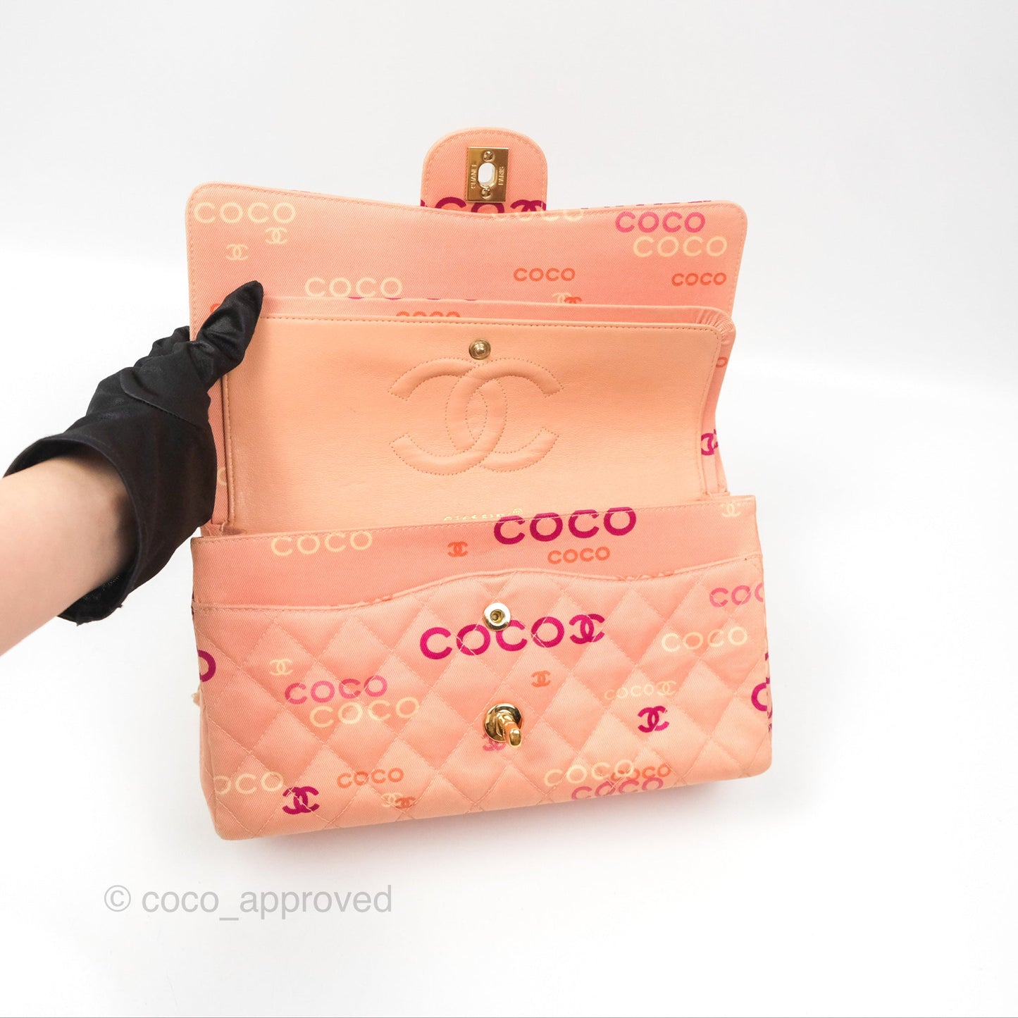 Chanel Coco Logo Medium Classic Flap Quilted Coral Pink Canvas Gold Hardware