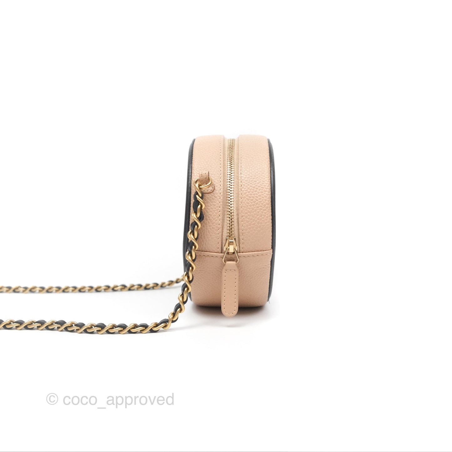Chanel Quilted Round Filigree Clutch With Chain Beige Black Caviar Gold Hardware