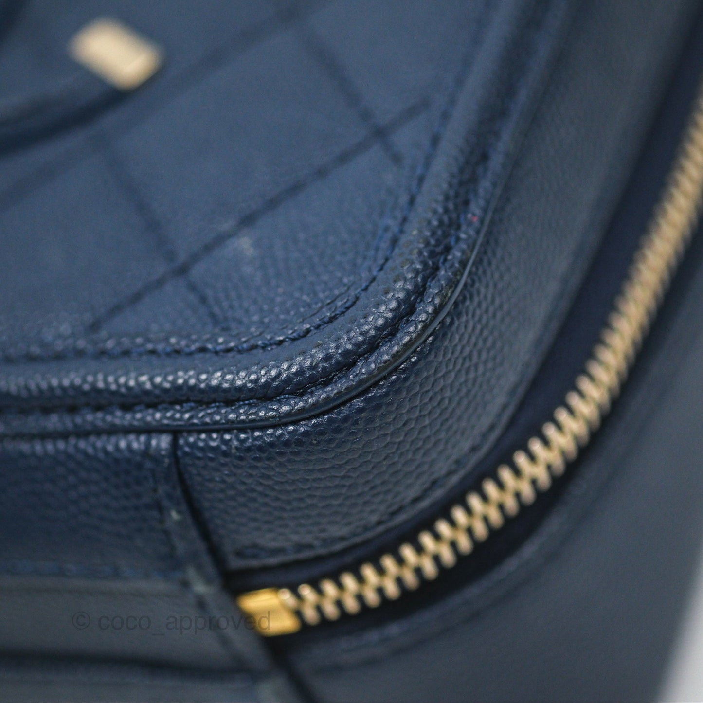 Chanel Quilted Small CC Filigree Vanity Case Navy Caviar Gold Hardware