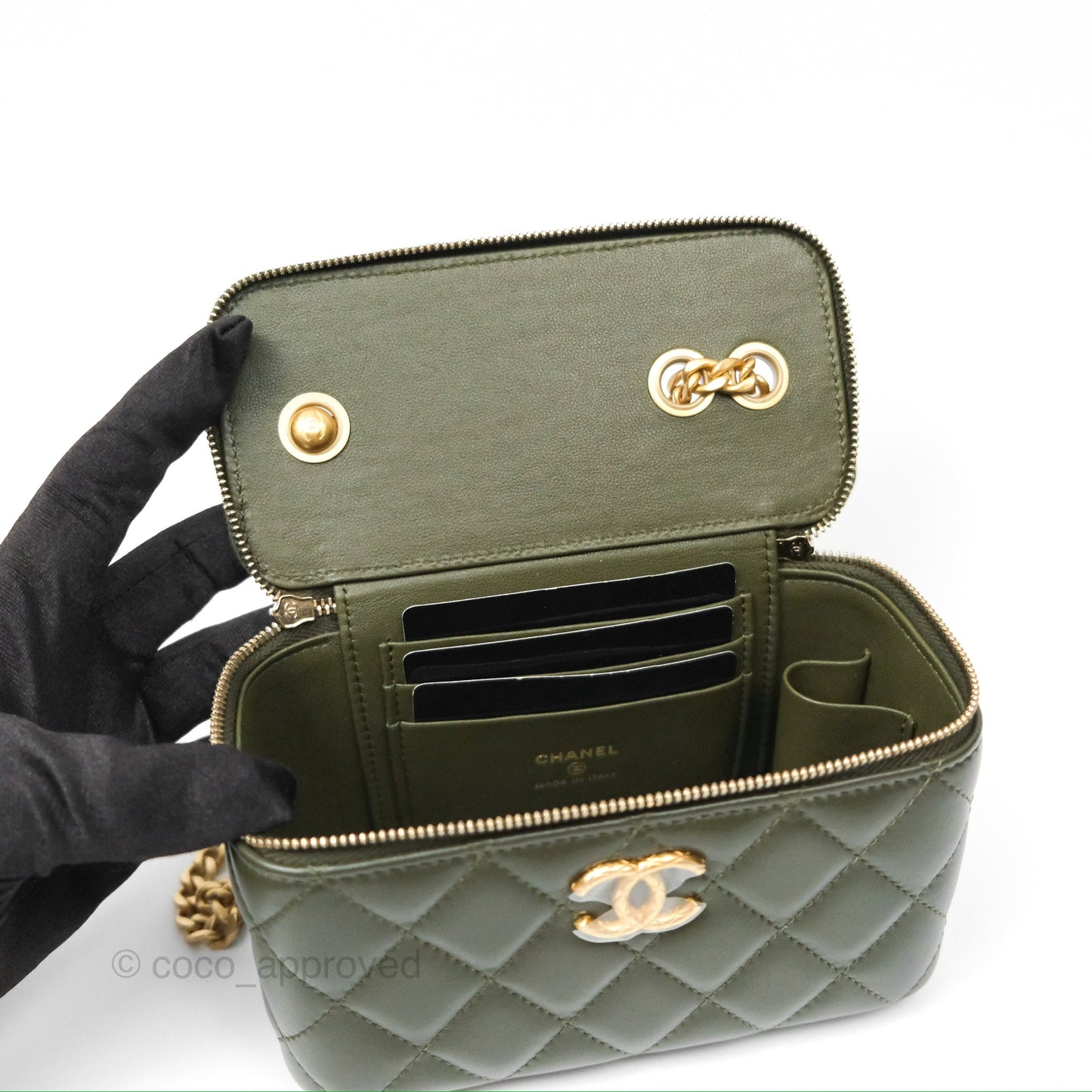 Chanel All Slide Vanity with Adjustable Chain Dark Olive Green Lambskin Aged Gold Hardware