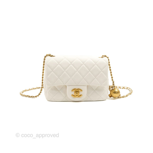 Chanel Mini Square Pearl Crush Quilted White Lambskin Aged Gold Hardware