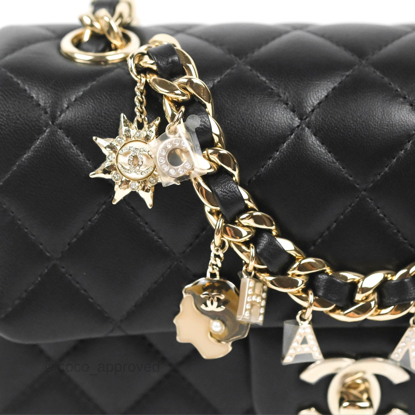 Chanel Quilted Mini Rectangular Lambskin Black Flap With Charms Gold Hardware 21C