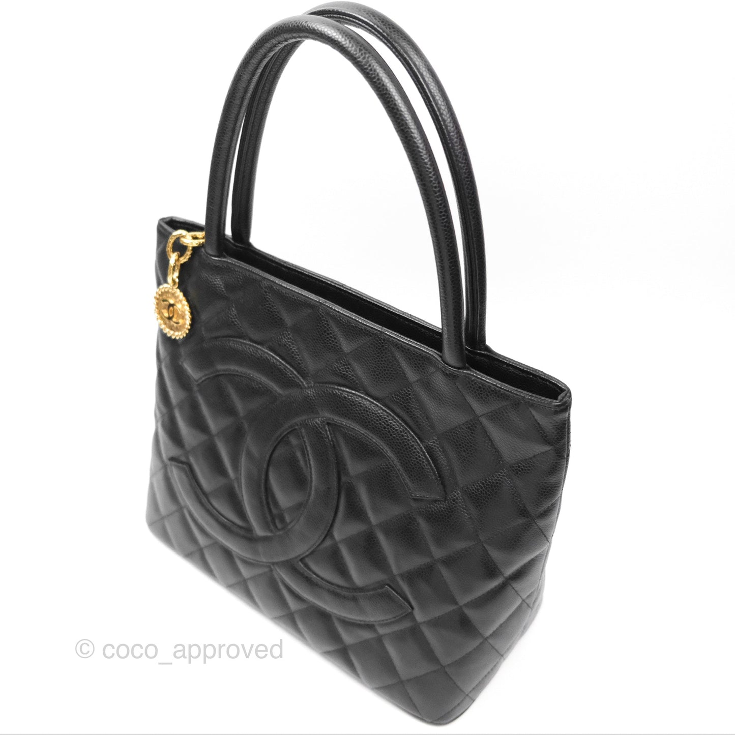 Chanel Vintage Medallion CC Black Caviar Tote Bag Gold Hardware