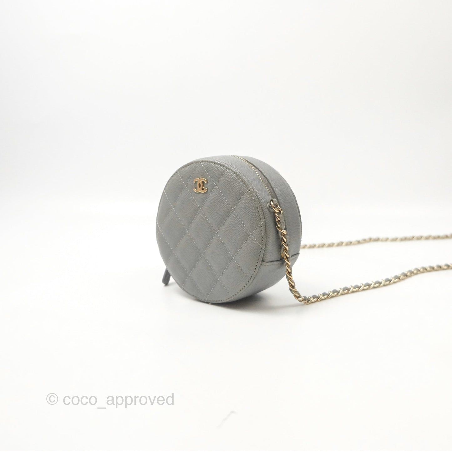 Chanel Classic Quilted Round Clutch With Chain Grey Caviar Gold Hardware