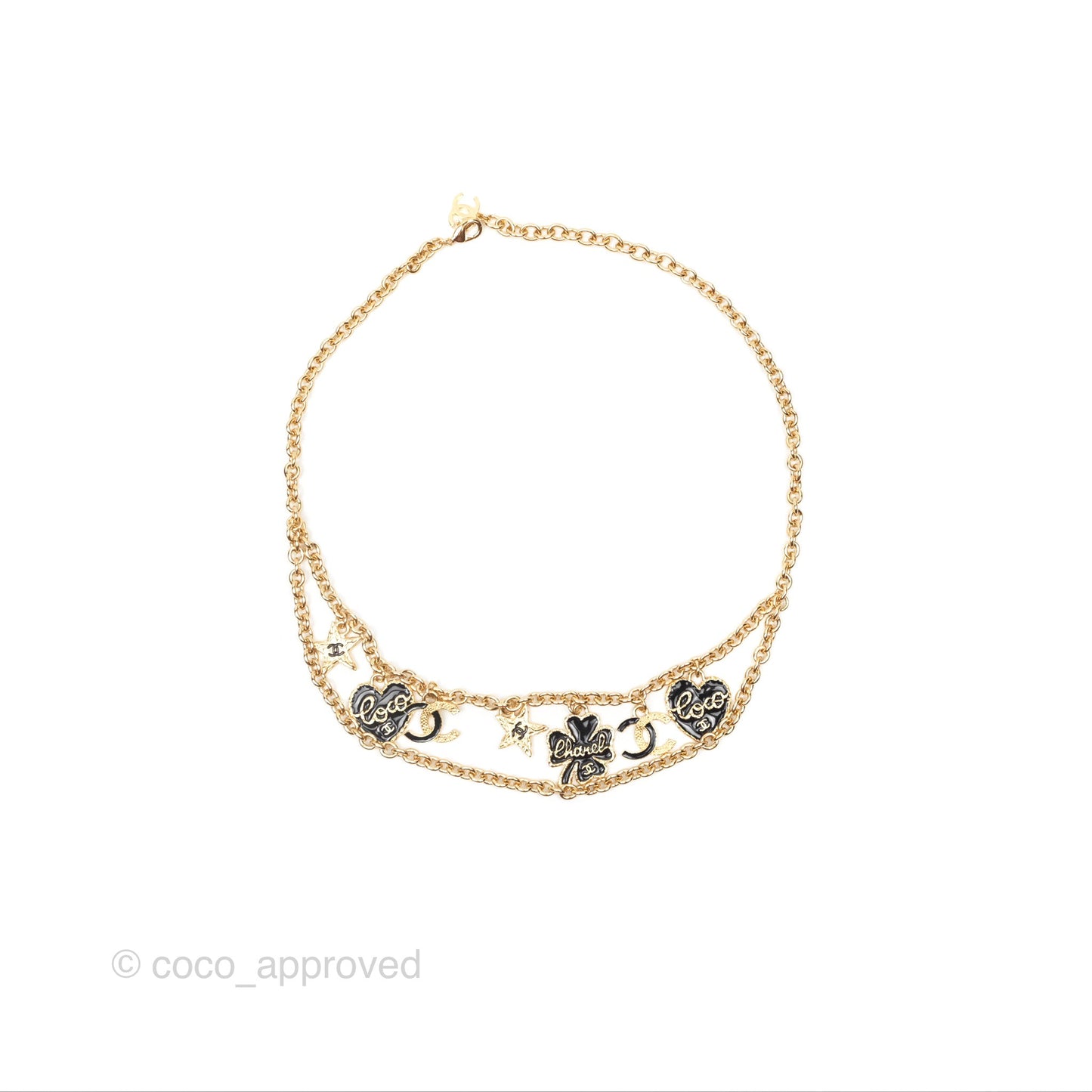 Chanel Black CC Heart Lucky Clover Chain Belt Gold Tone 24P