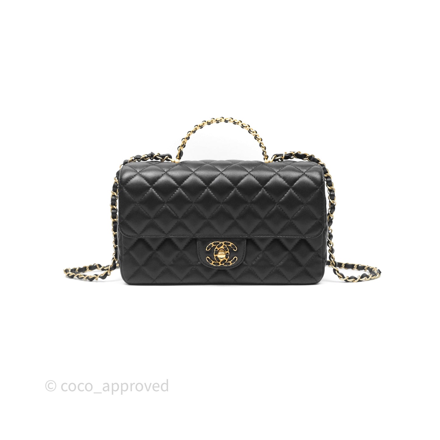 Chanel Logo Top Handle Small Flap Bag Black Lambskin Gold Hardware 24C
