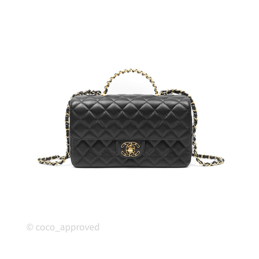 Chanel Logo Top Handle Small Flap Bag Black Lambskin Gold Hardware 24C