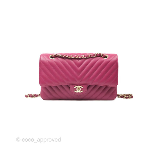 Chanel Medium Classic Flap Chevron Dark Plum Pink Lambskin Gold Hardware