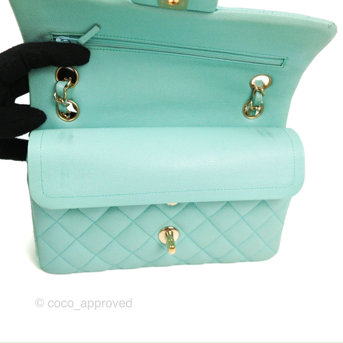 Chanel Small Classic Quilted Flap Tiffany Blue Caviar Gold Hardware 20C