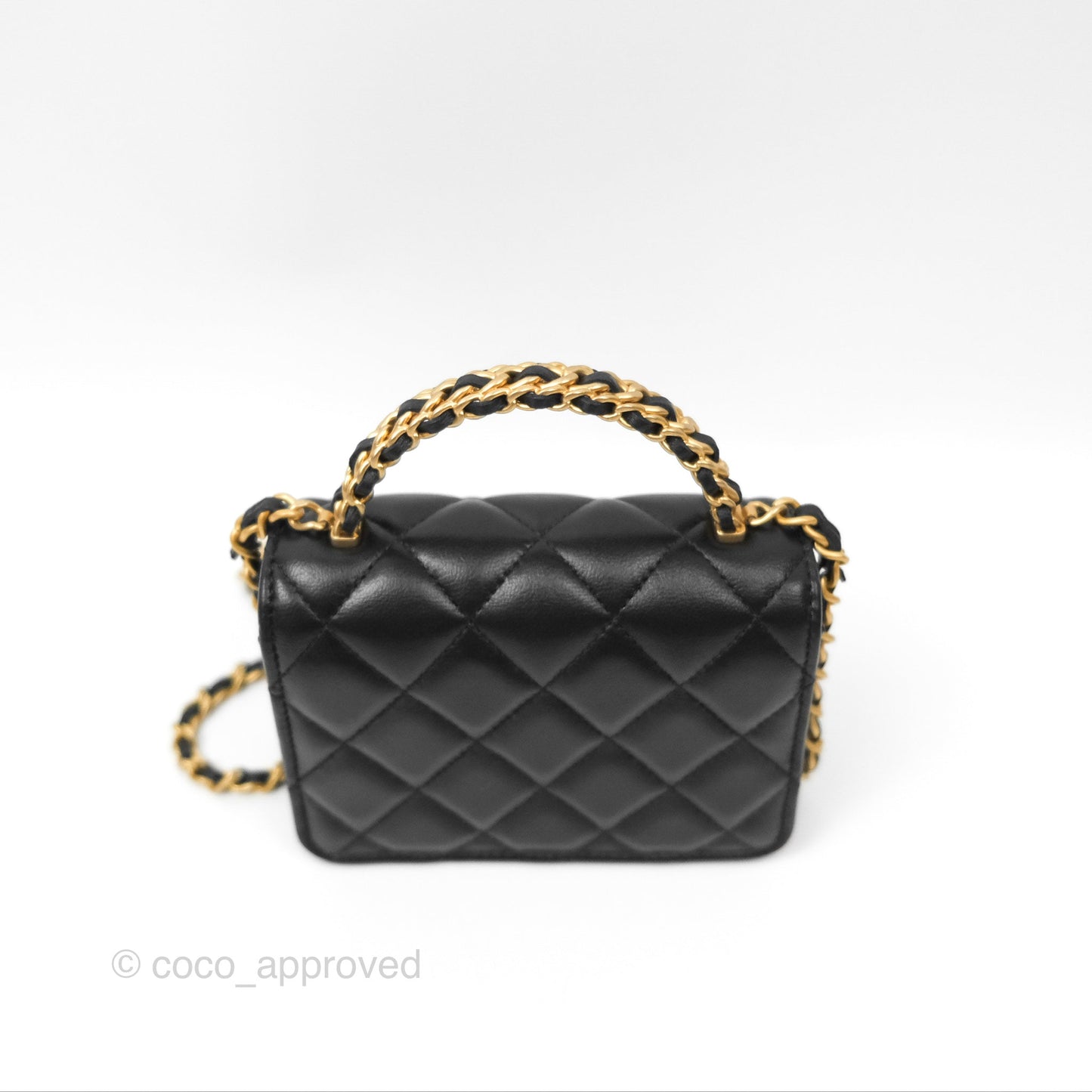 Chanel Top Handle Clutch With Chain Black Lambskin Aged Gold Hardware