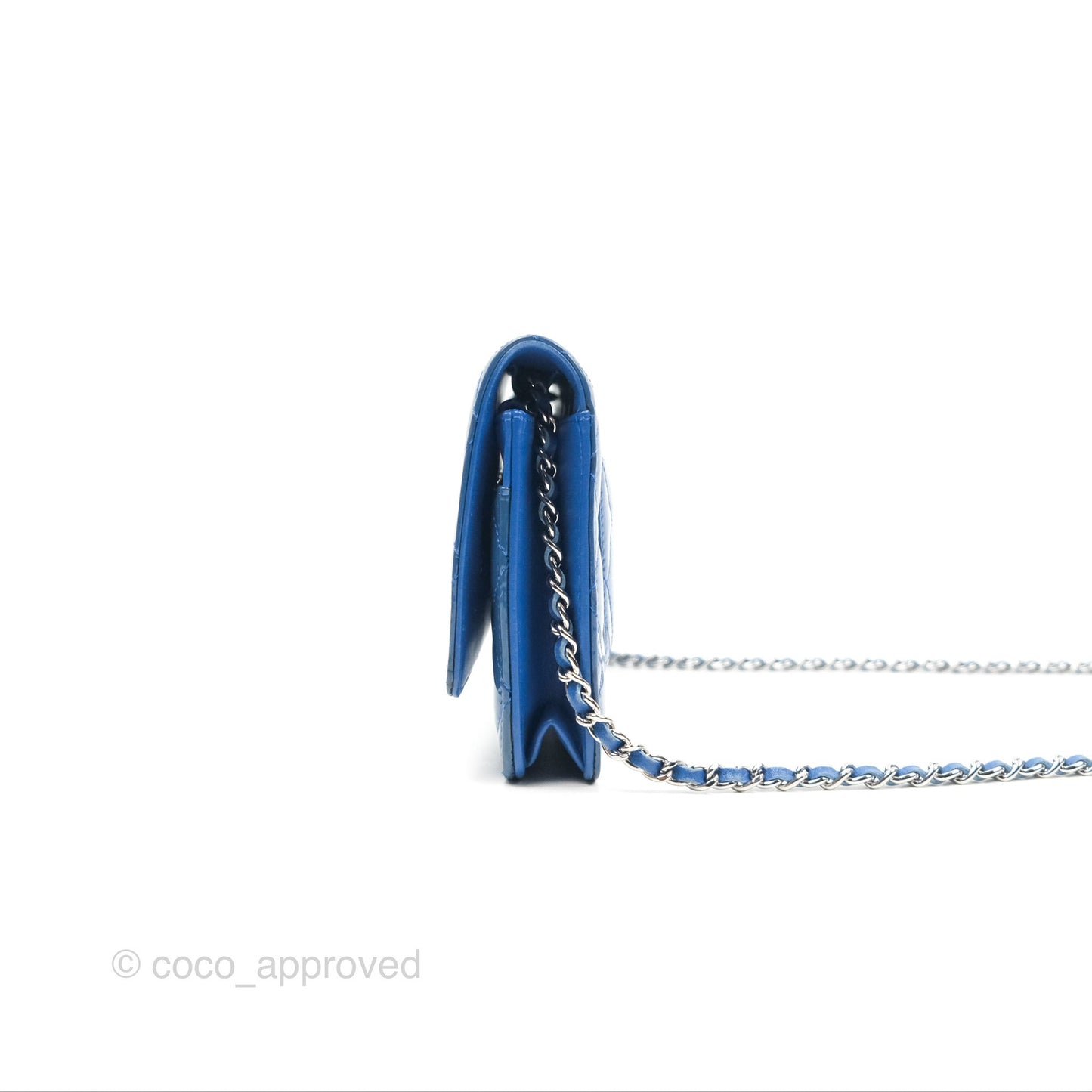 Chanel Quilted Classic Wallet on Chain WOC Blue Patent Silver Hardware