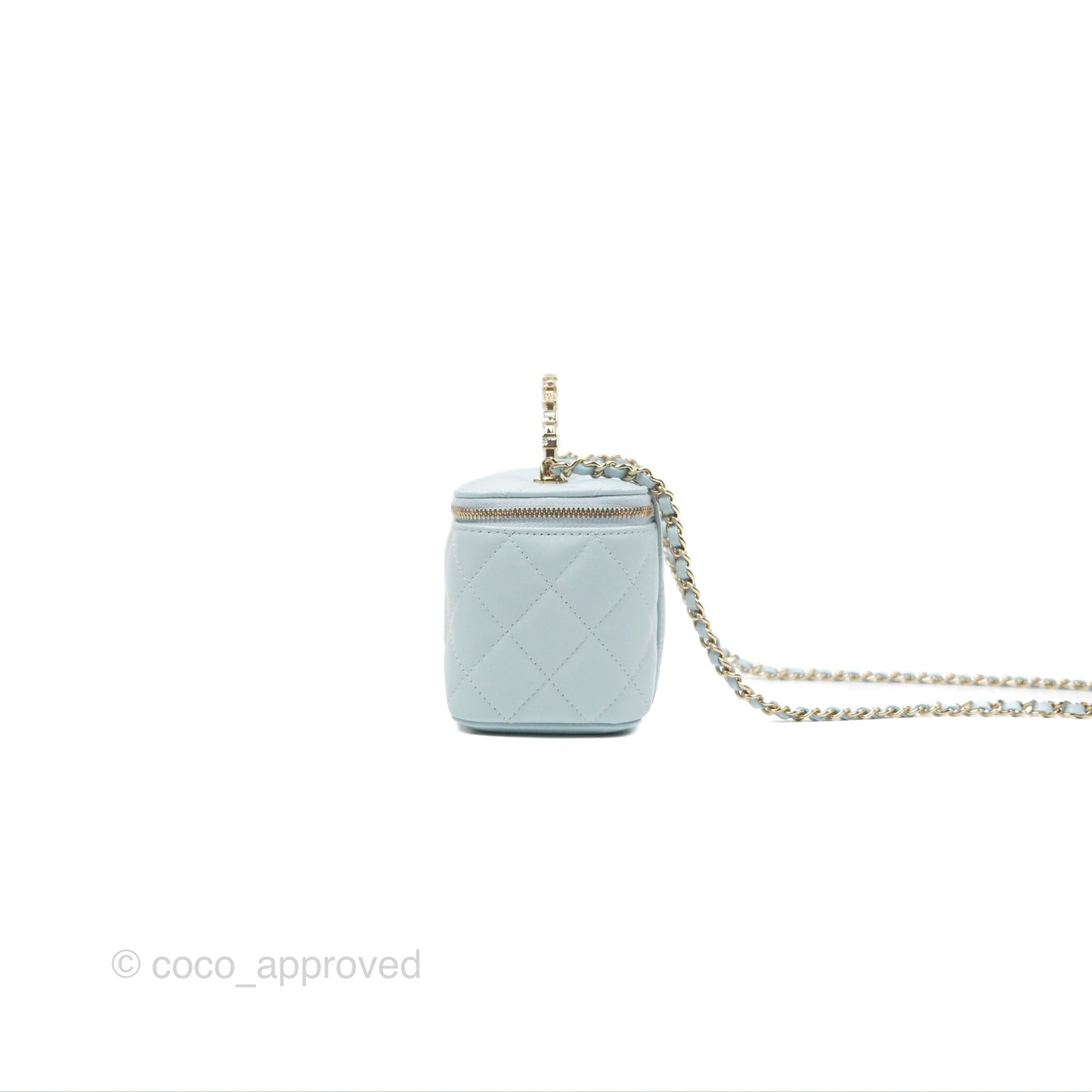 Chanel Vanity Rectangular Logo Crystal Top Handle Light Blue Lambskin Gold Hardware