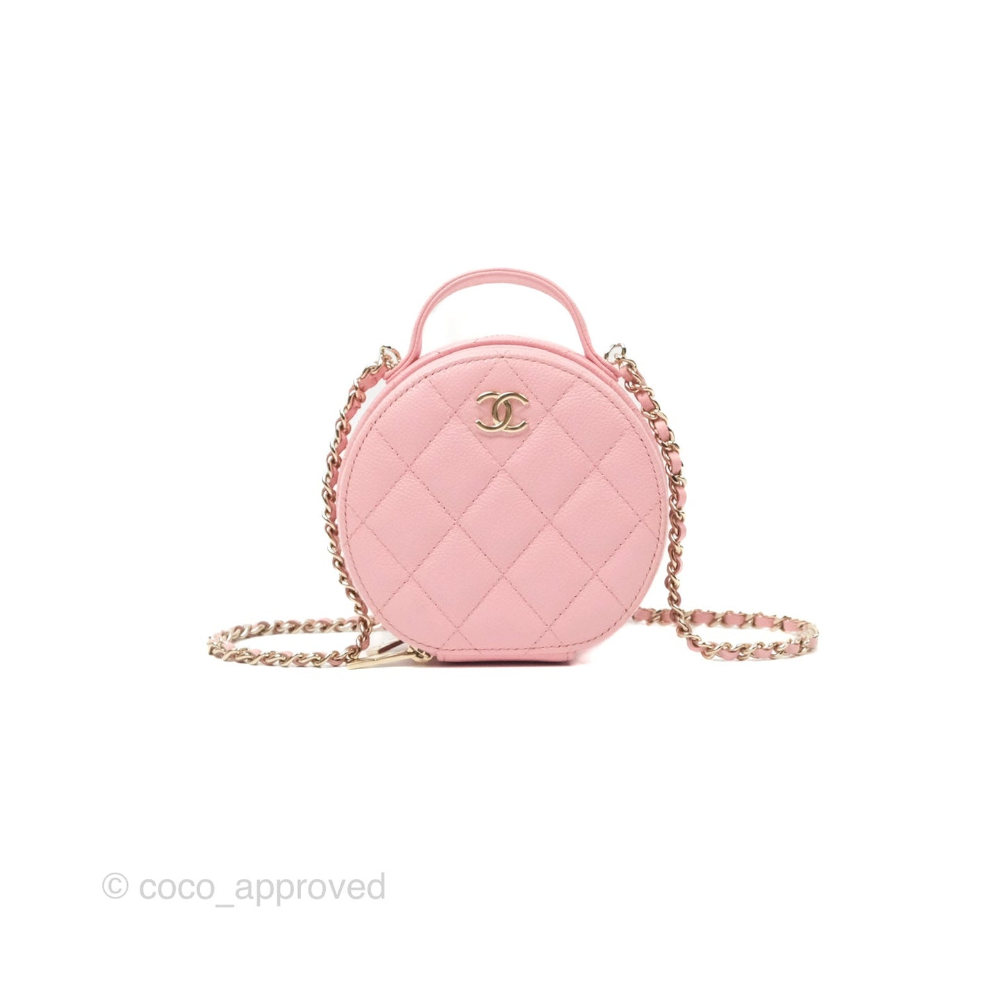 Chanel Mini Round Vanity Bag Handle With Care Pink Caviar 22C