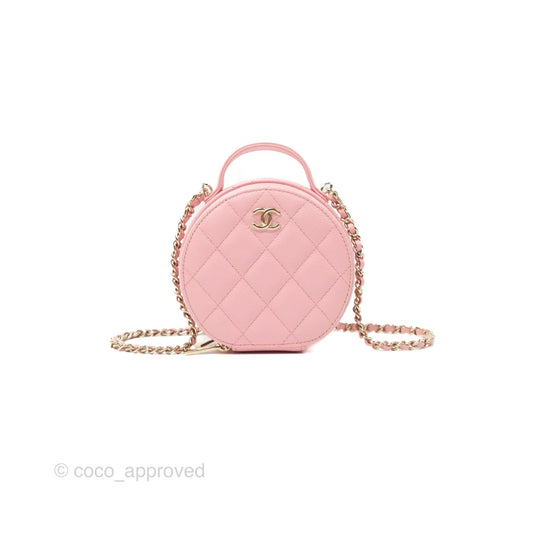 Chanel Mini Round Vanity Bag Handle With Care Pink Caviar 22C
