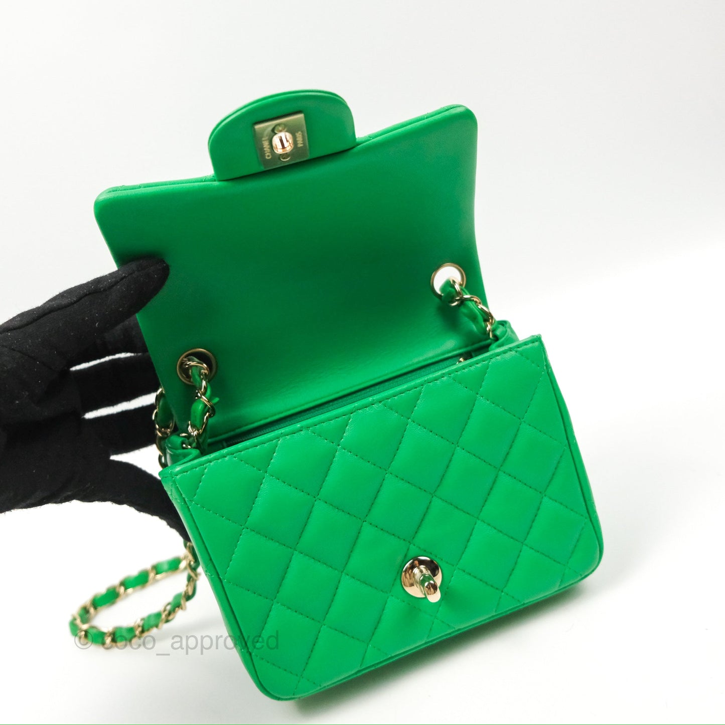 Chanel Quilted Mini Square Green Lambskin Gold Hardware