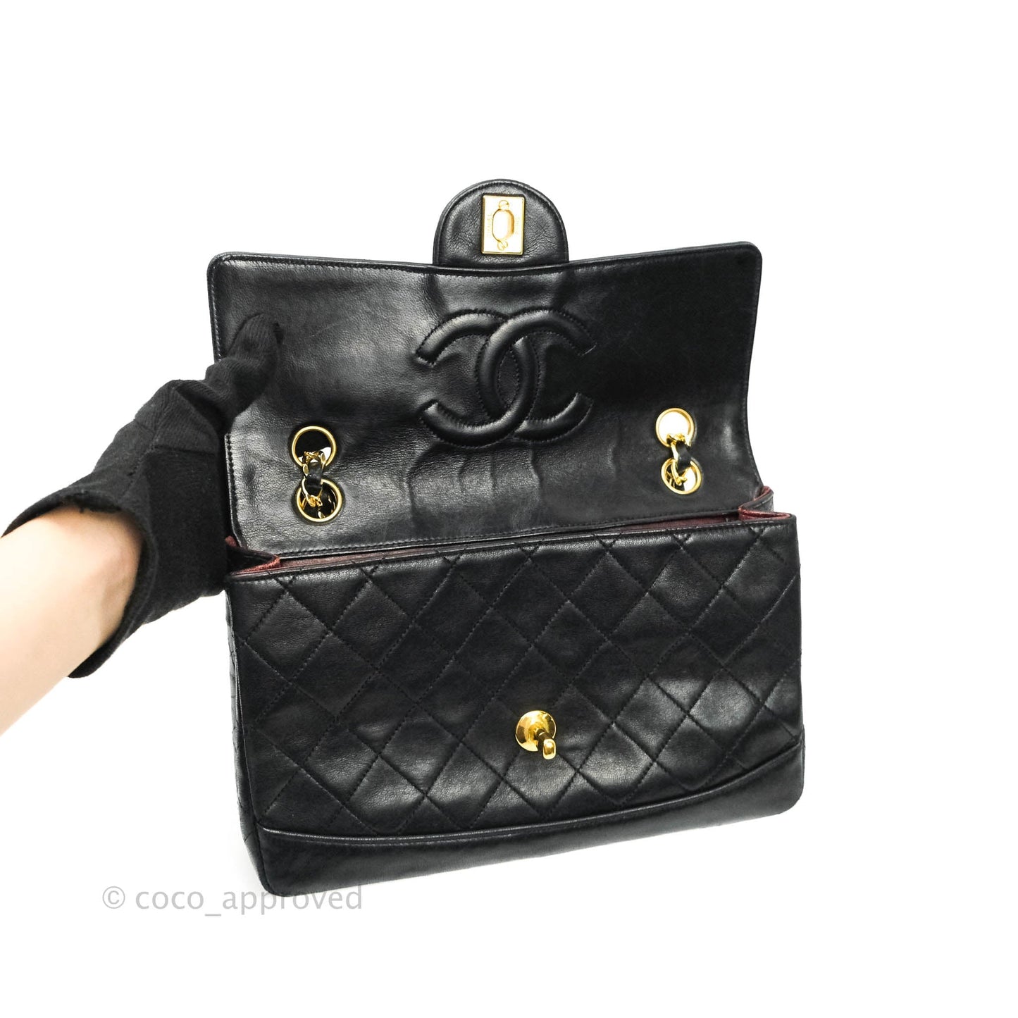 Chanel Vintage Flap Bag with Purse Pouch Black Lambskin 24K Gold Hardware