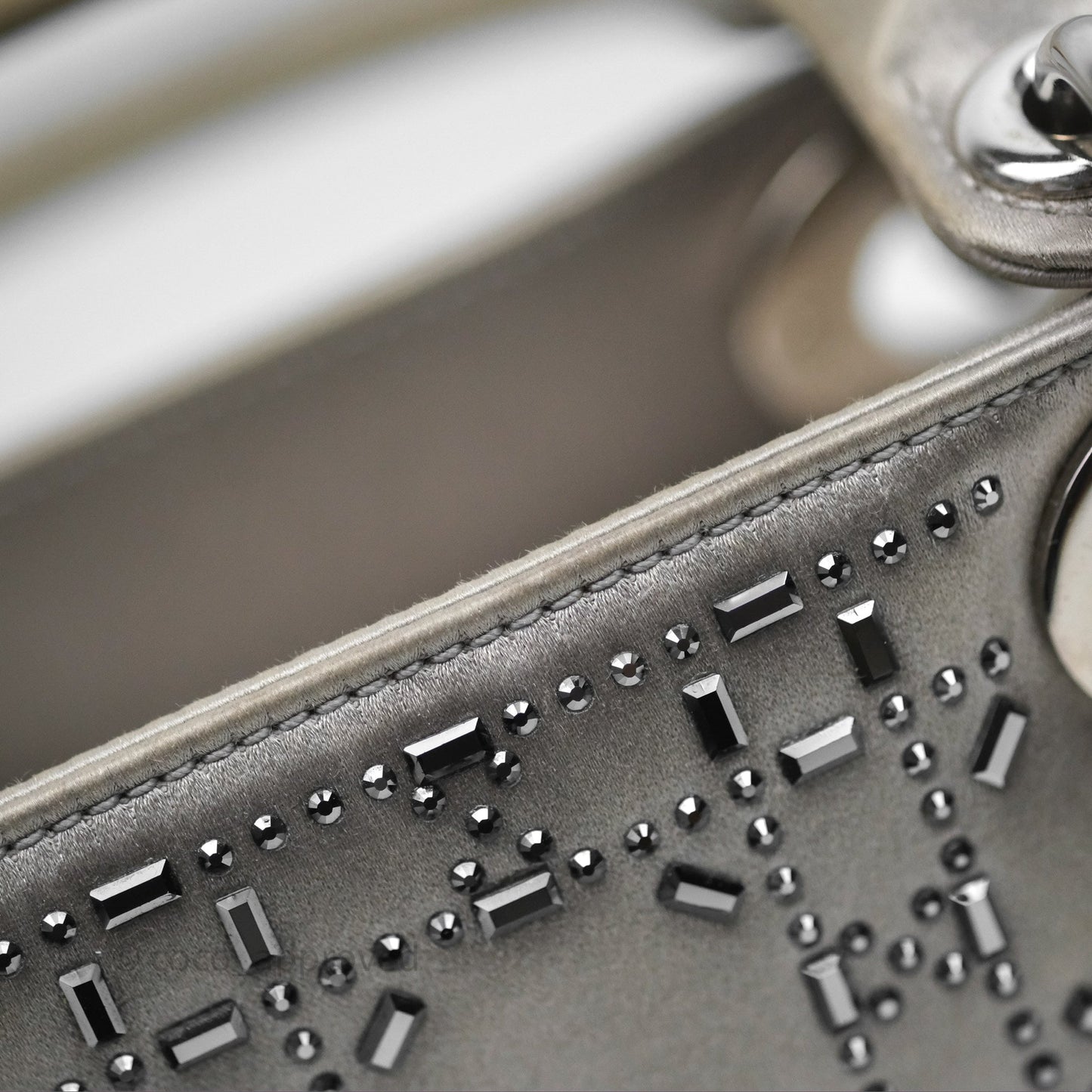 Christian Dior Mini Lady Dior Bag Grey Strass Cannage Satin Silver Hardware