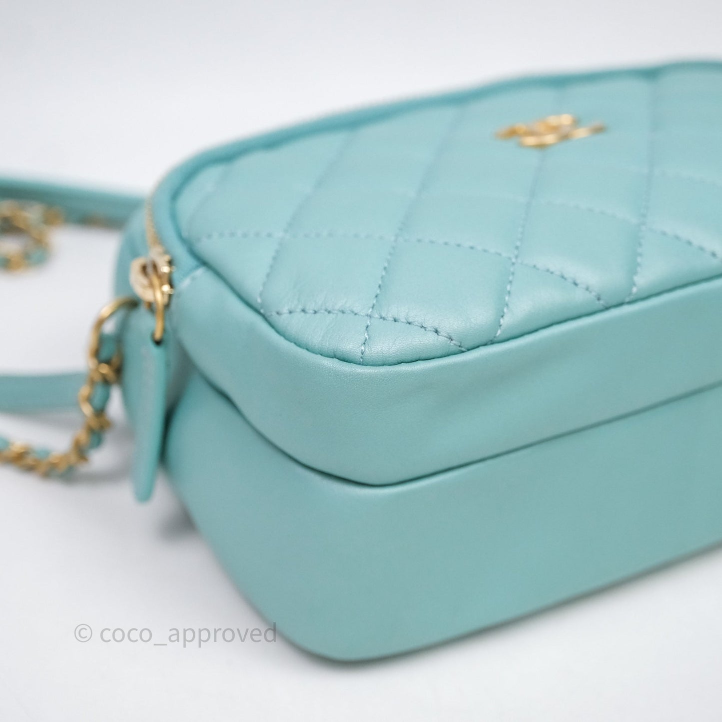 Chanel Camera Bag Quilted Pearly Turquoise Lambskin Aged Gold Hardware