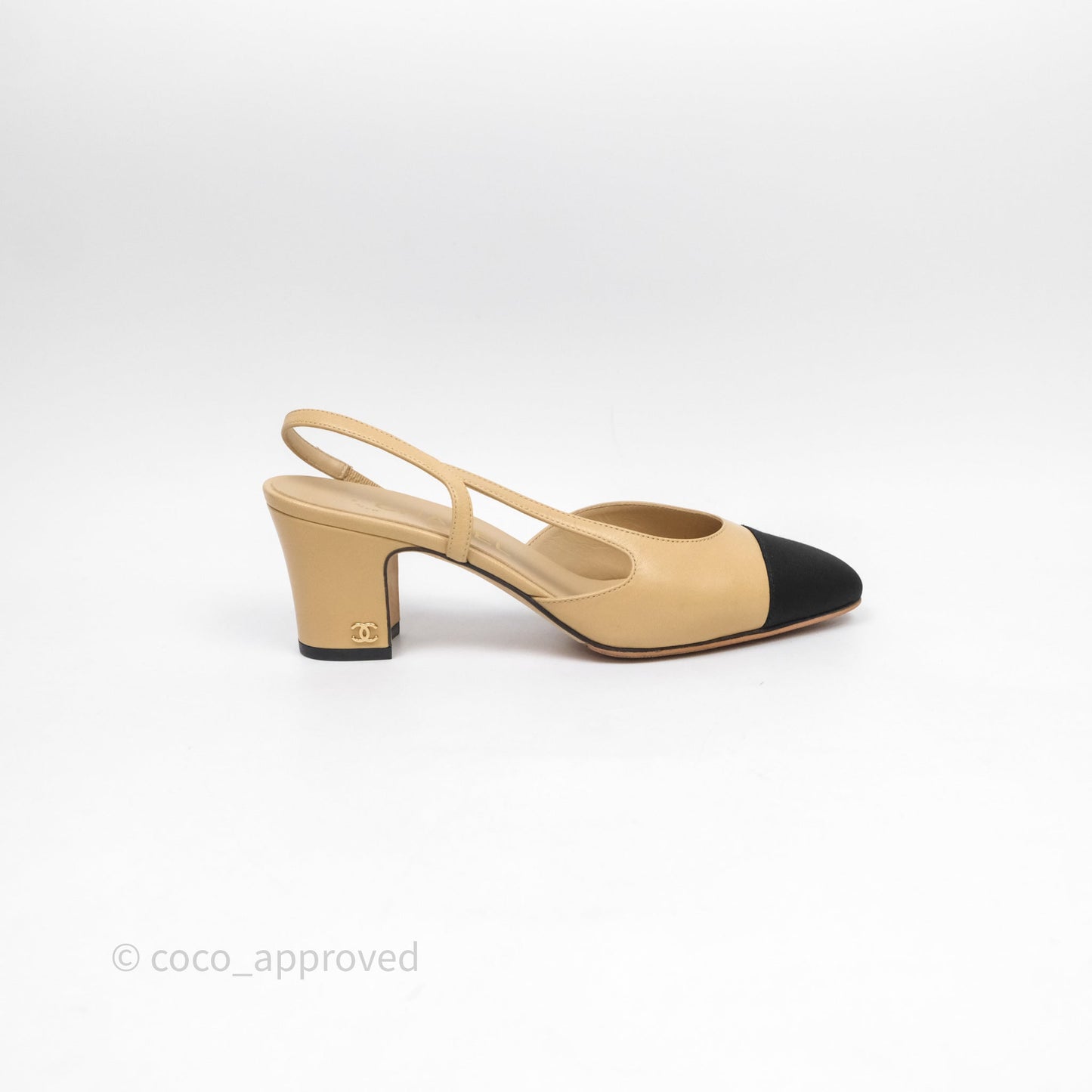 Chanel Classic Slingback Beige Black Leather Size 37